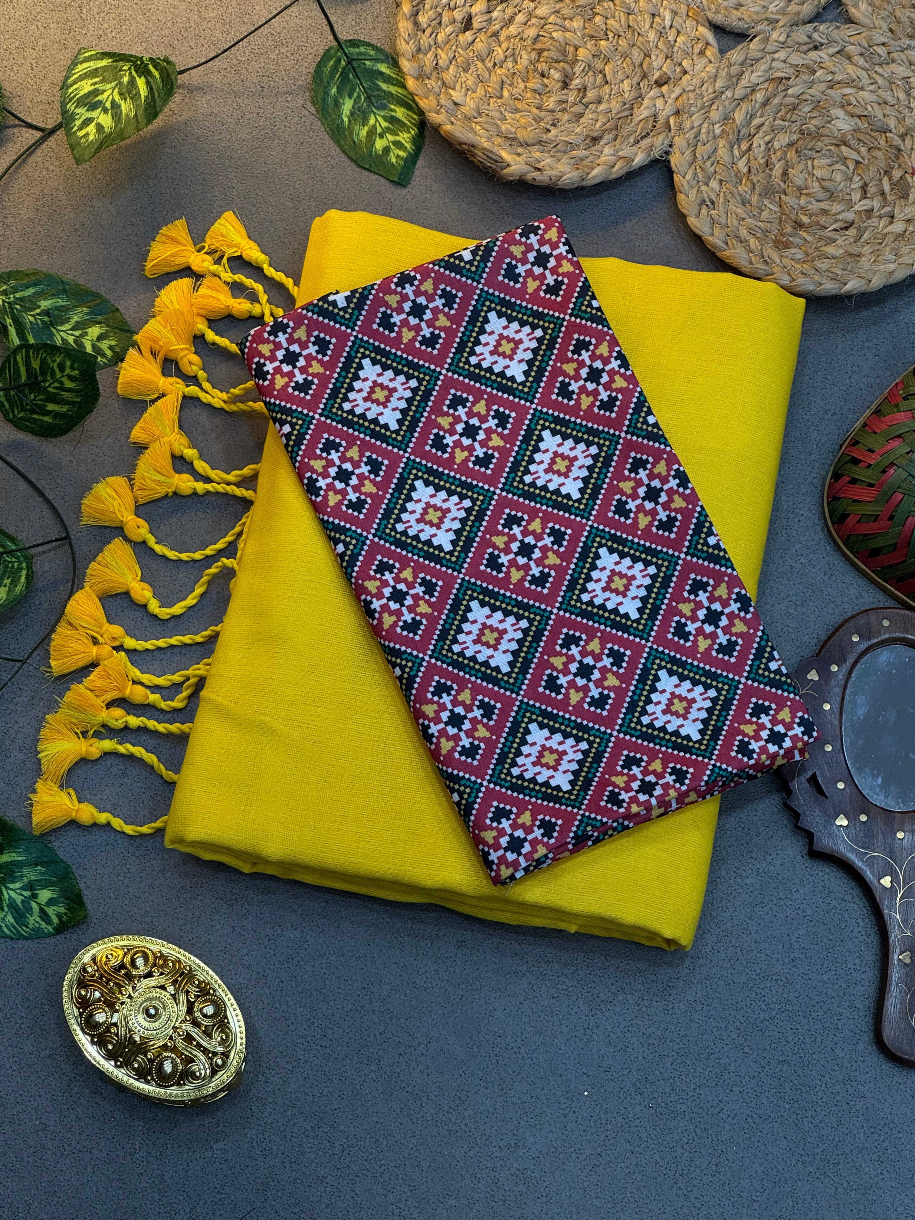 Handwoven Yellow Khadi Cotton Saree with Decorative Tassels & Traditional Geometric Digital Print Blouse