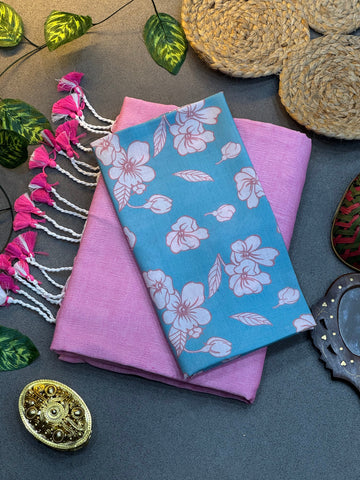 Handwoven Baby Pink Khadi Saree with Designer Sky Blue Digital Printed Floral Blouse