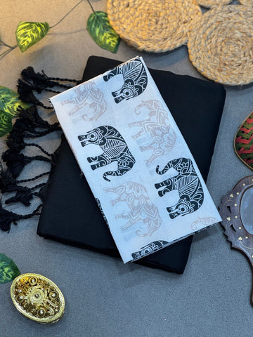 Handwoven Black Khadi Cotton Saree Paired with Elephant Motif Digital Printed Blouse
