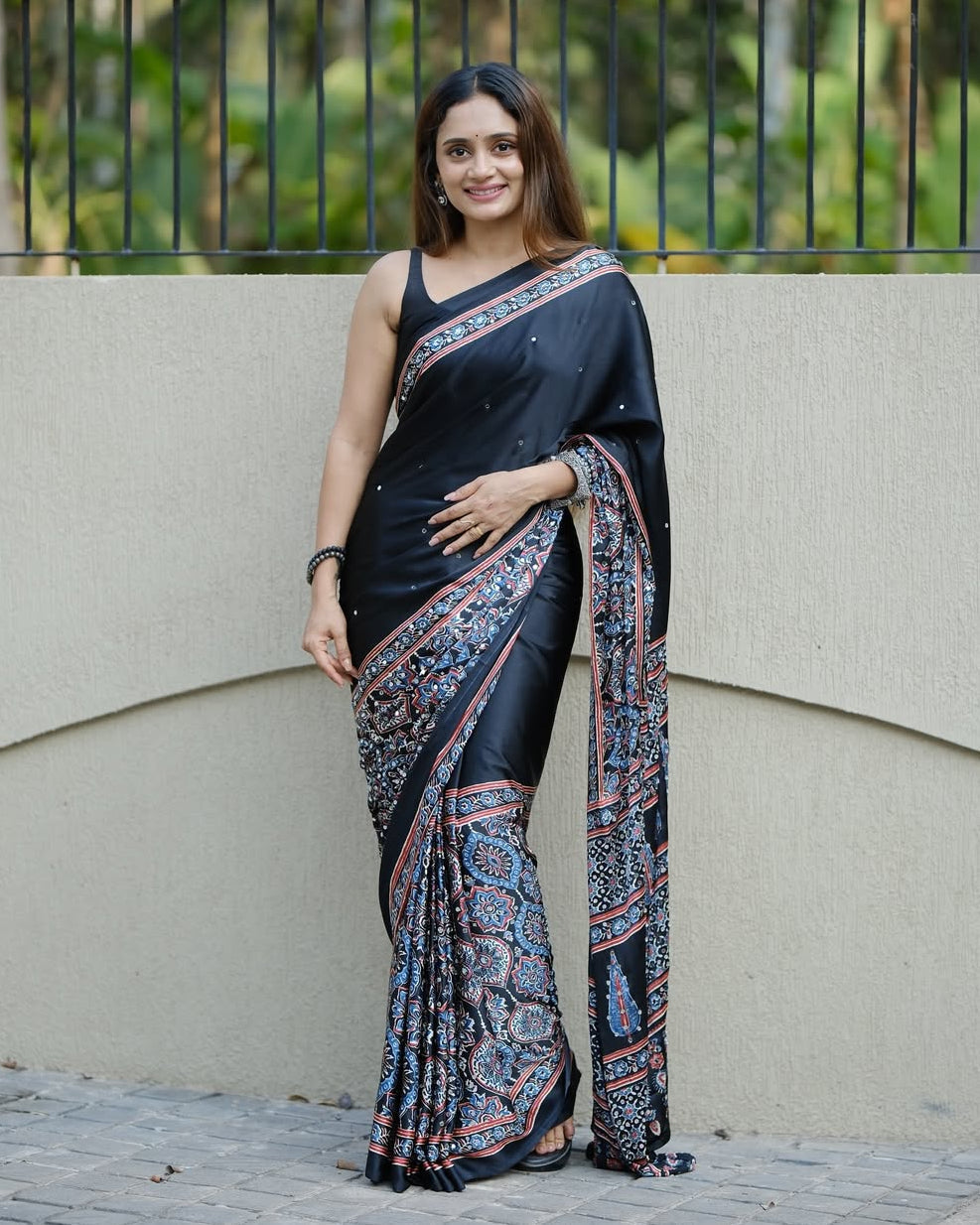 Black Ajrakh Printed Modal Silk Saree with Designer Pallu & Attached Blouse | Traditional Ethnic, Festive & Office Wear Saree