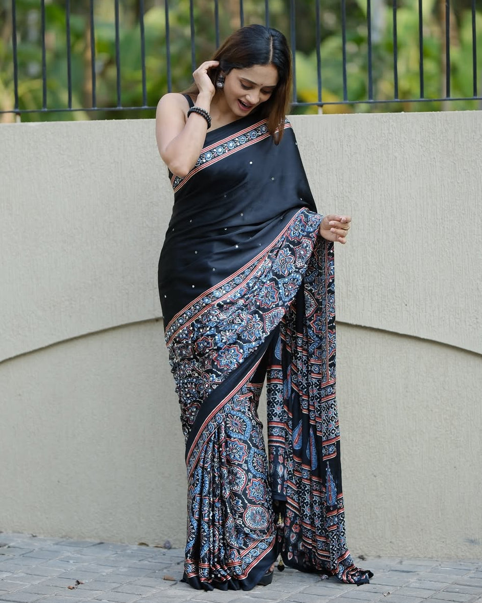 Black Ajrakh Printed Modal Silk Saree with Designer Pallu & Attached Blouse | Traditional Ethnic, Festive & Office Wear Saree