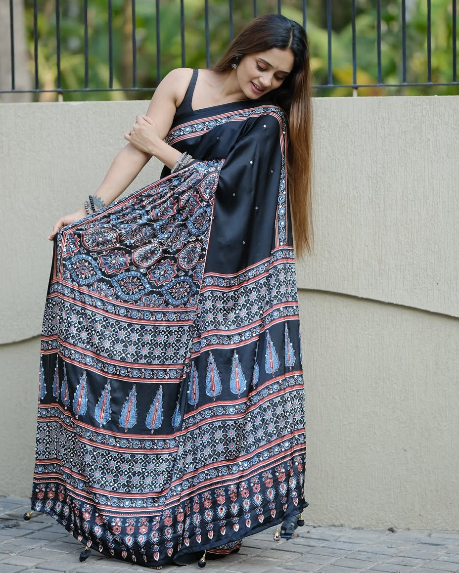 Black Ajrakh Printed Modal Silk Saree with Designer Pallu & Attached Blouse | Traditional Ethnic, Festive & Office Wear Saree