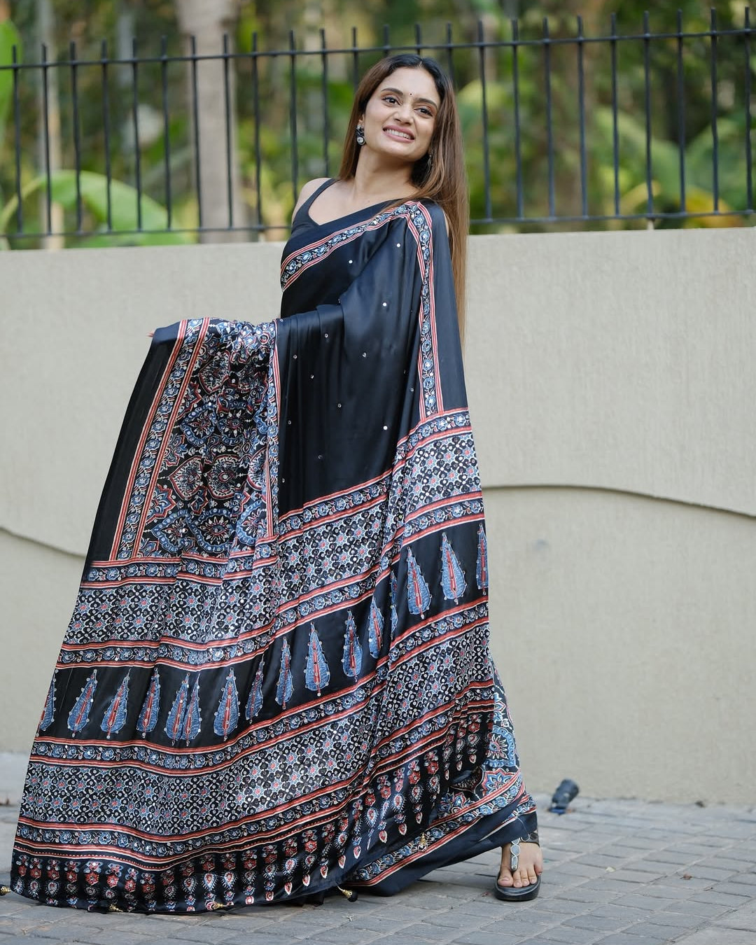 Black Ajrakh Printed Modal Silk Saree with Designer Pallu & Attached Blouse | Traditional Ethnic, Festive & Office Wear Saree