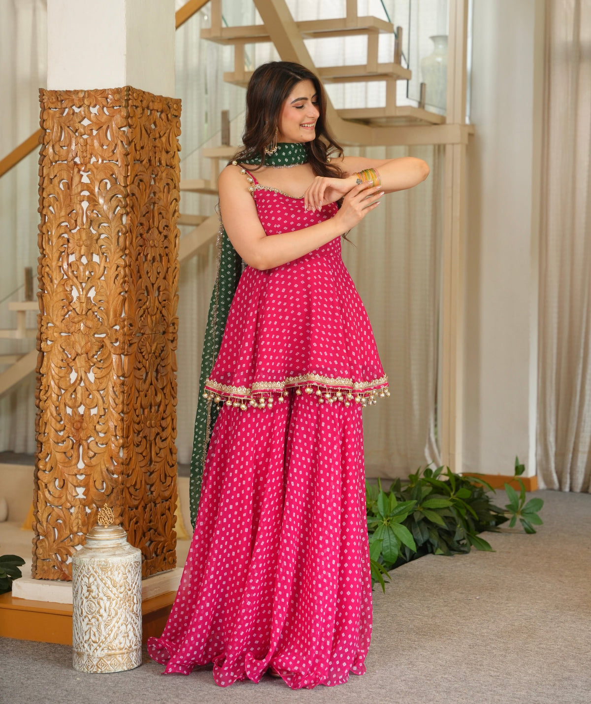 Vibrant Pink Bandhei Print Sharara Set