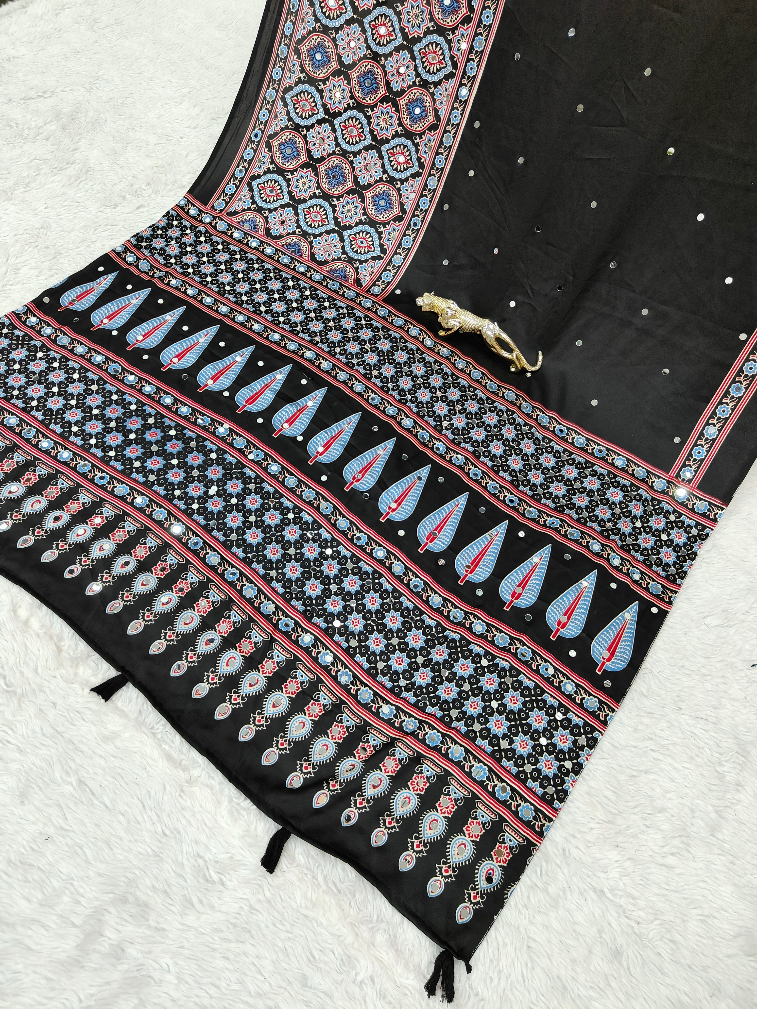 Black Ajrakh Printed Modal Silk Saree with Designer Pallu & Attached Blouse | Traditional Ethnic, Festive & Office Wear Saree