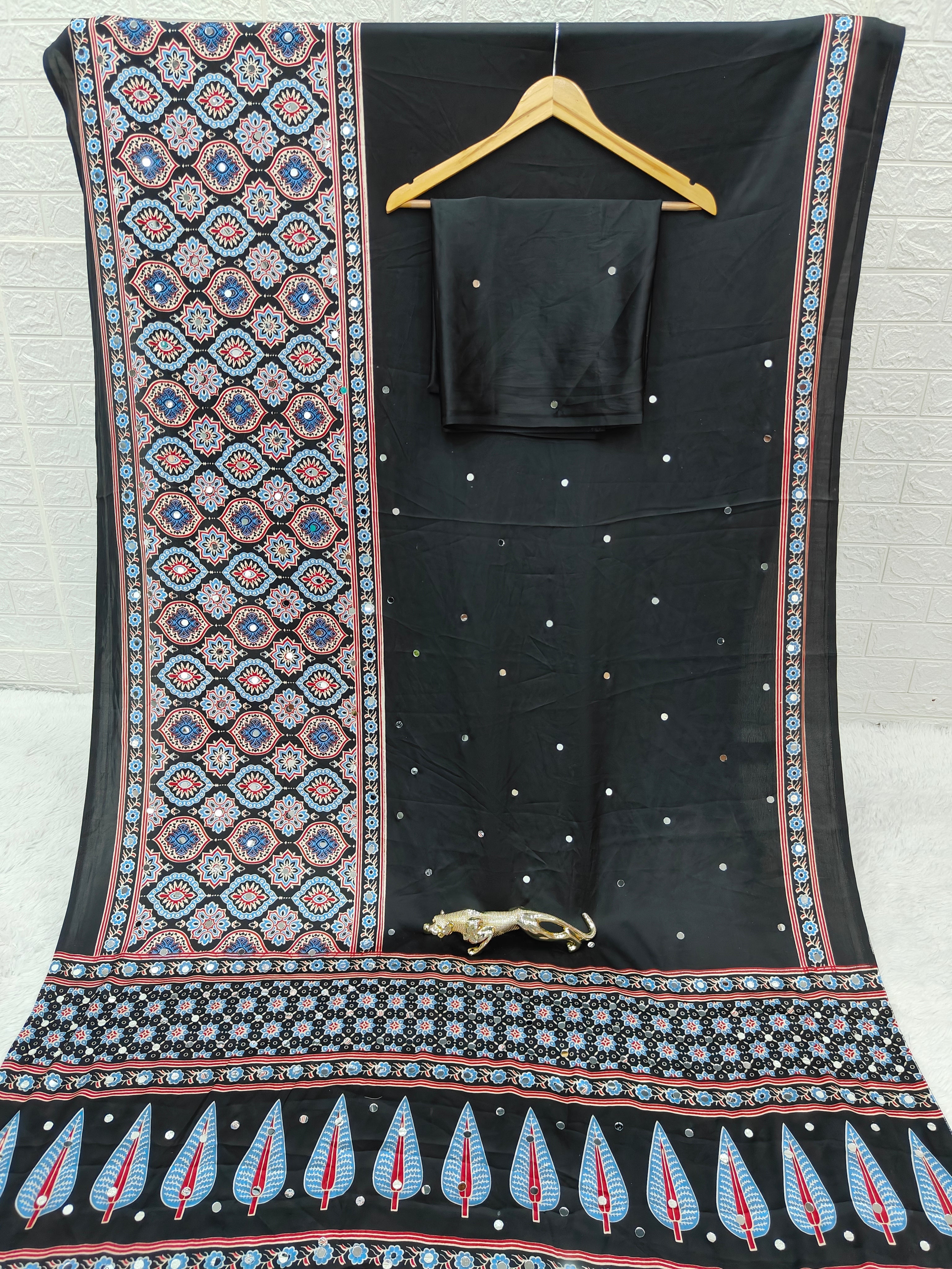 Black Ajrakh Printed Modal Silk Saree with Designer Pallu & Attached Blouse | Traditional Ethnic, Festive & Office Wear Saree