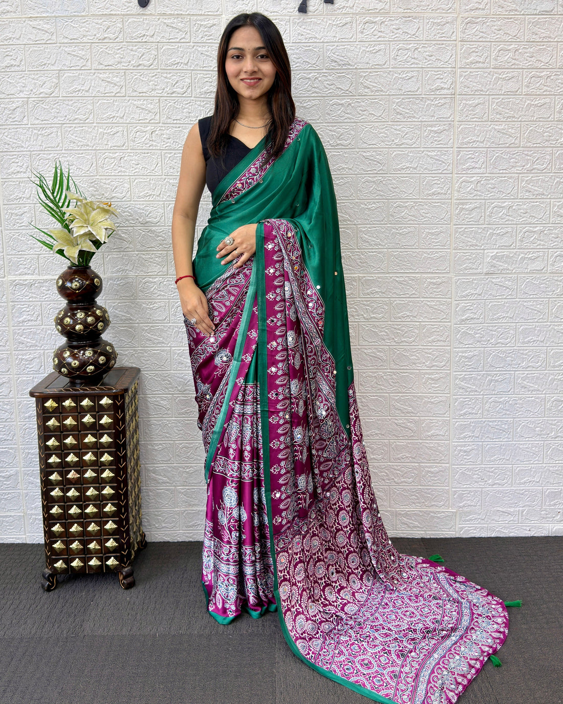 Emerald Green Ajrakh Printed Modal Silk Saree with Designer Pallu & Tassels | Traditional Ethnic, Festive & Office Wear Saree
