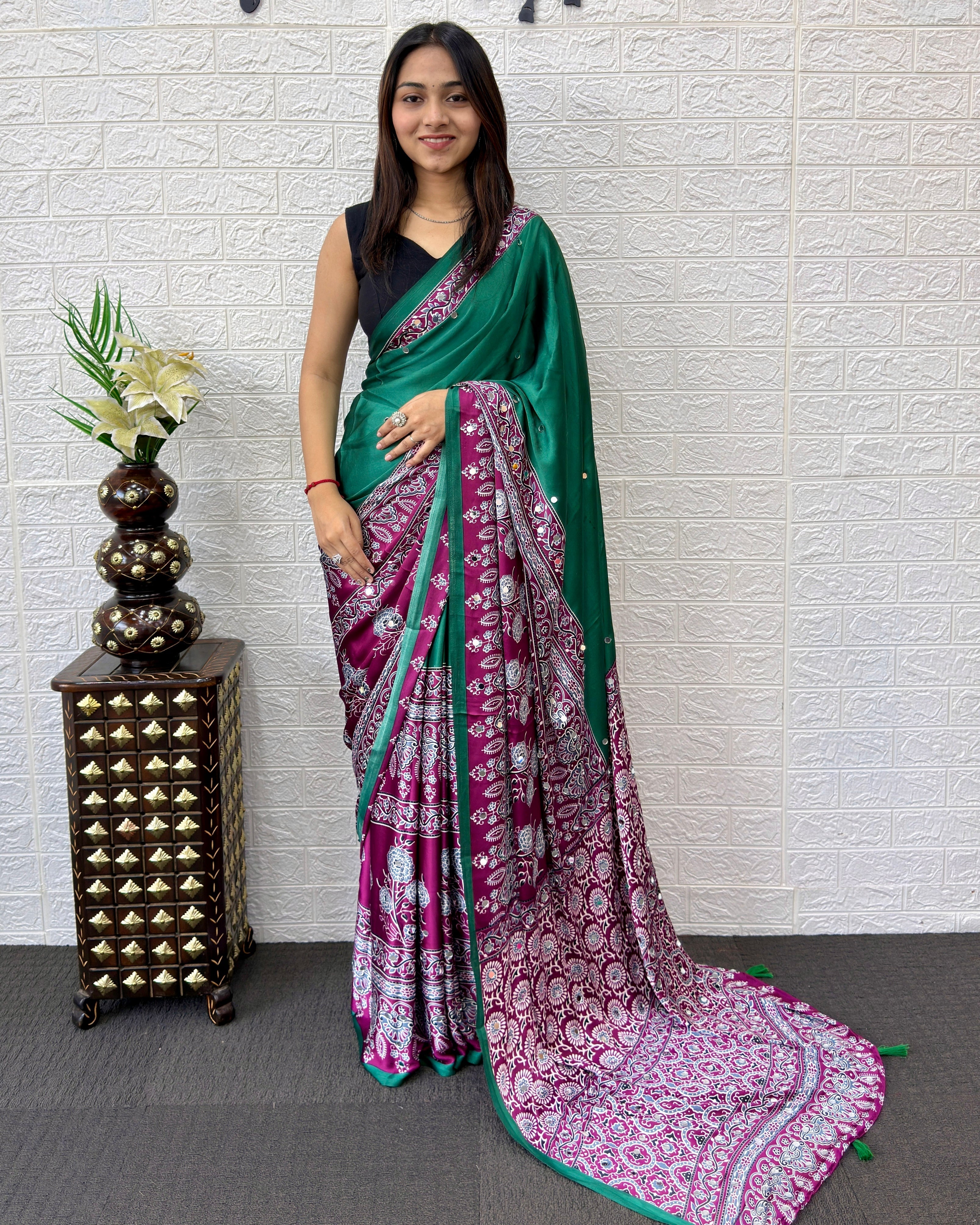 Emerald Green Ajrakh Printed Modal Silk Saree with Designer Pallu & Tassels | Traditional Ethnic, Festive & Office Wear Saree