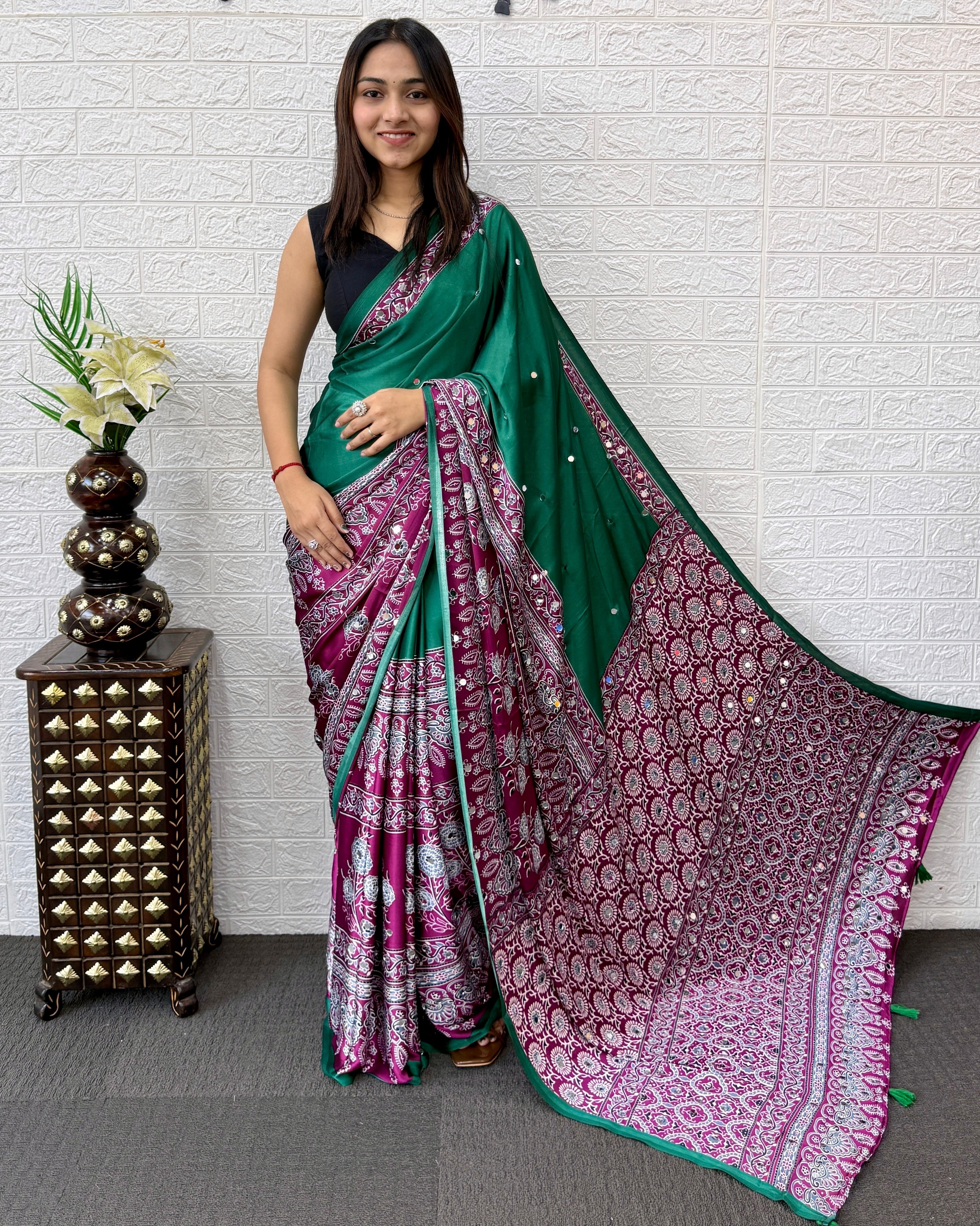 Emerald Green Ajrakh Printed Modal Silk Saree with Designer Pallu & Tassels | Traditional Ethnic, Festive & Office Wear Saree