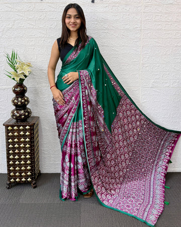 Emerald Green Ajrakh Printed Modal Silk Saree with Designer Pallu & Tassels | Traditional Ethnic, Festive & Office Wear Saree