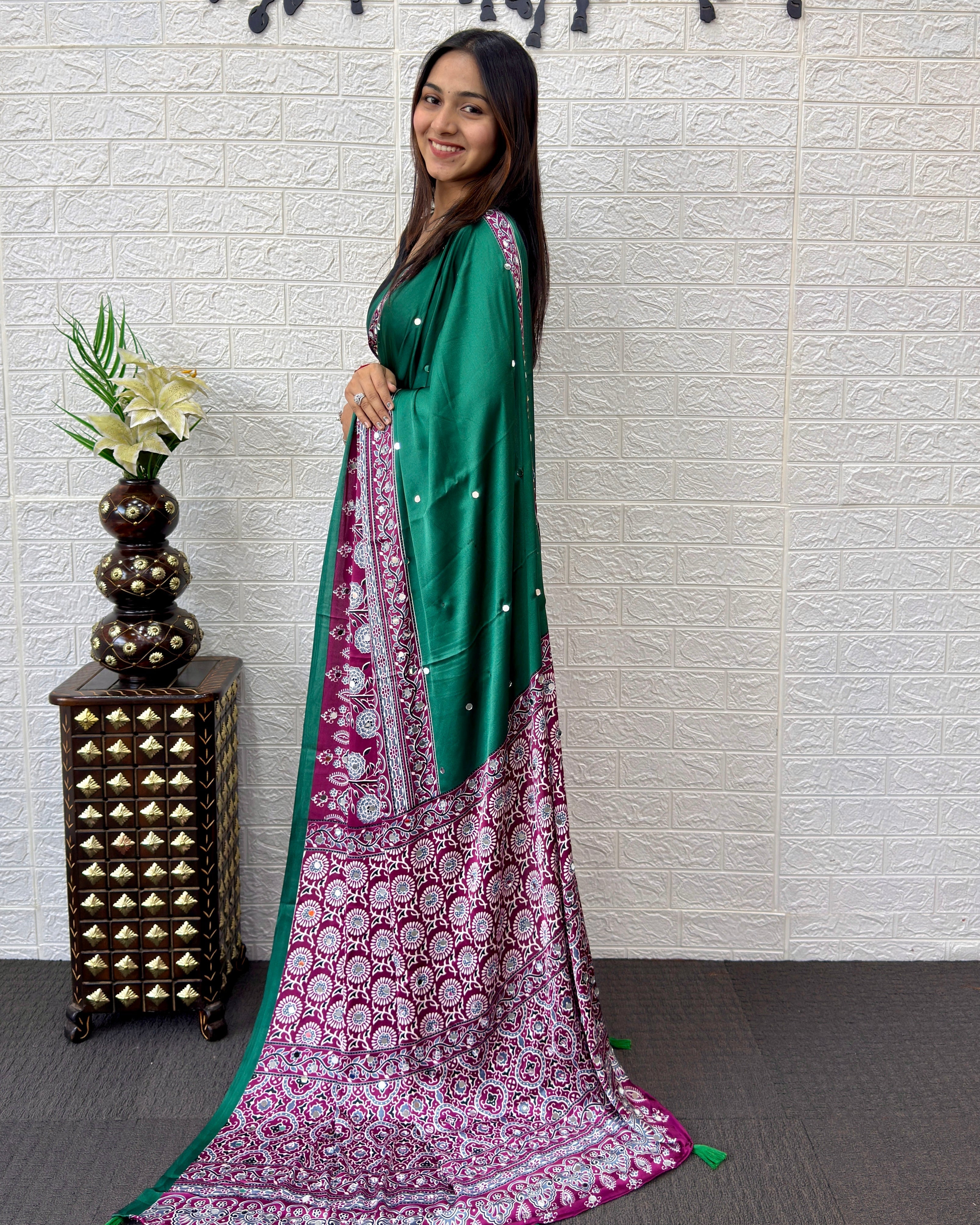 Emerald Green Ajrakh Printed Modal Silk Saree with Designer Pallu & Tassels | Traditional Ethnic, Festive & Office Wear Saree