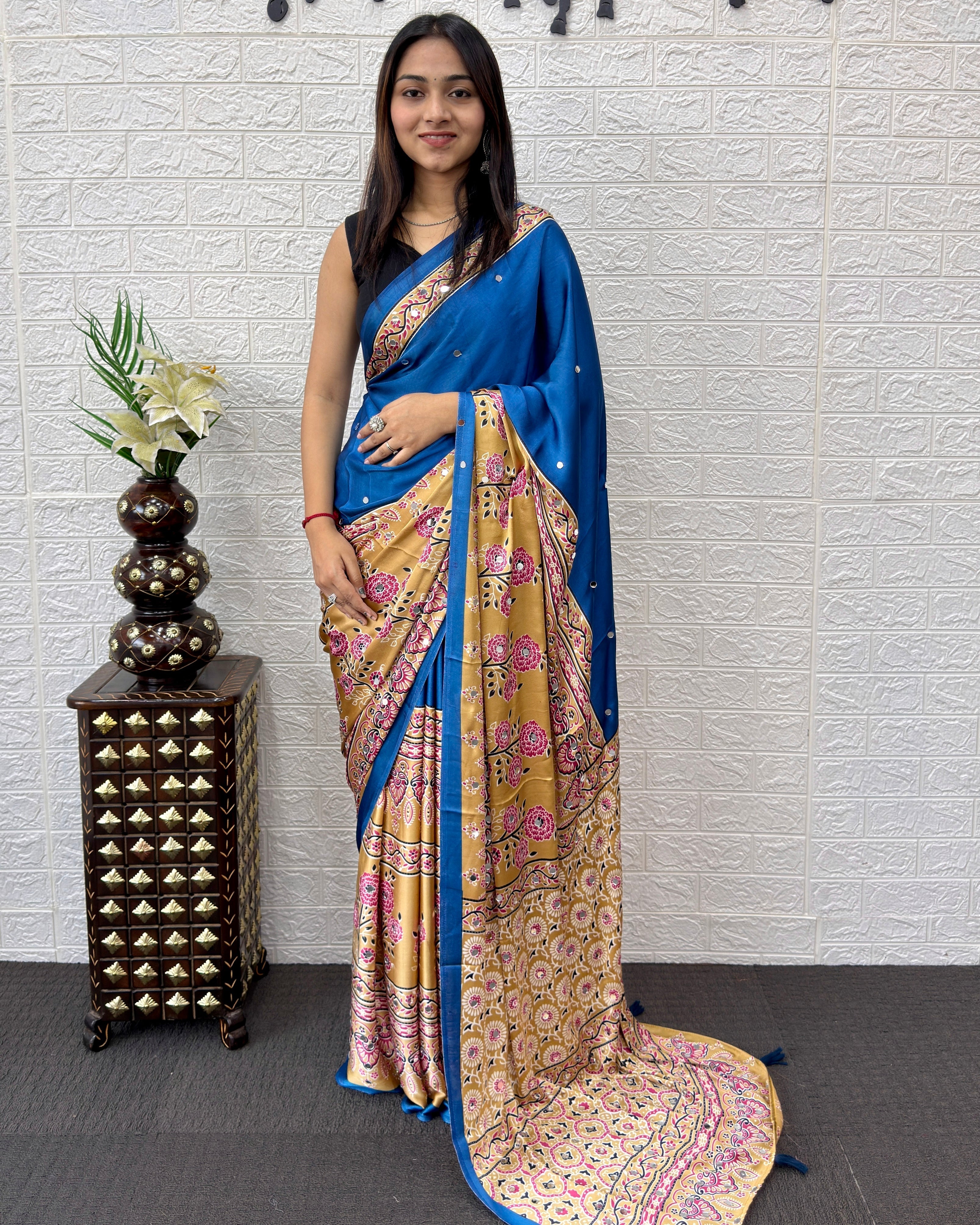 Royal Blue Modal Silk Saree with Beige Floral Printed Designer Pallu & Tassels | Festive, Office Wear & Traditional Ethnic Saree