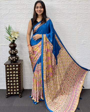 Royal Blue Modal Silk Saree with Beige Floral Printed Designer Pallu & Tassels | Festive, Office Wear & Traditional Ethnic Saree