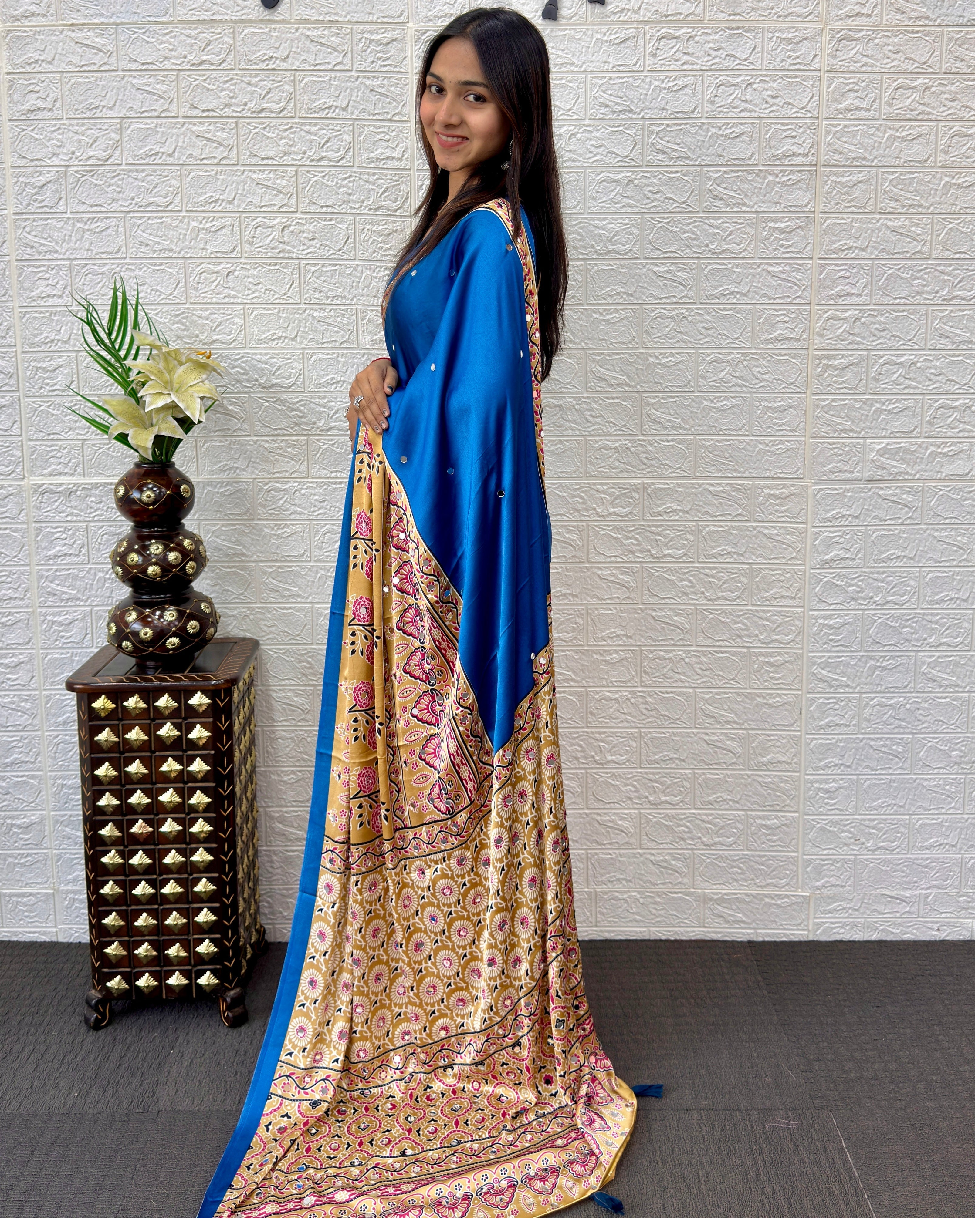 Royal Blue Modal Silk Saree with Beige Floral Printed Designer Pallu & Tassels | Festive, Office Wear & Traditional Ethnic Saree