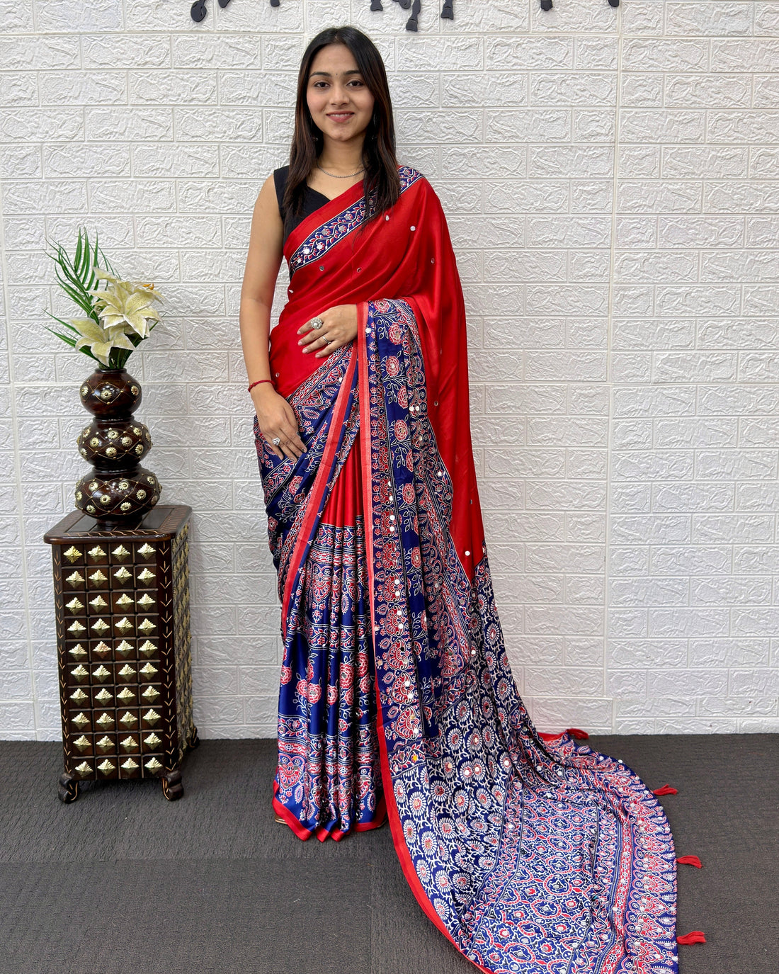 Scarlet Red Modal Silk Saree with Navy Blue Ajrakh Printed Designer Pallu & Tassel Detailing | Festive & Traditional Ethnic Wear Saree