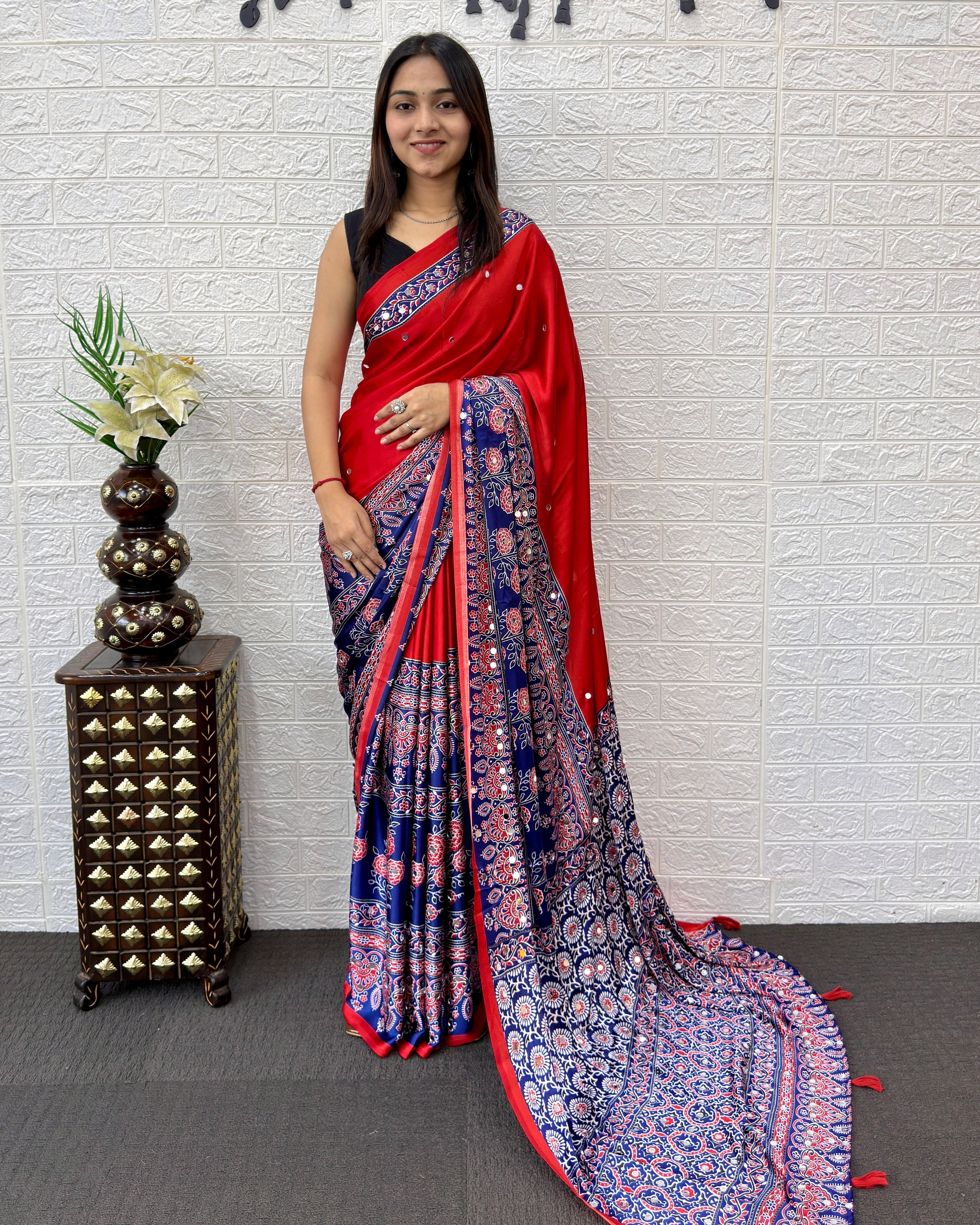 Scarlet Red Modal Silk Saree with Navy Blue Ajrakh Printed Designer Pallu & Tassel Detailing | Festive & Traditional Ethnic Wear Saree