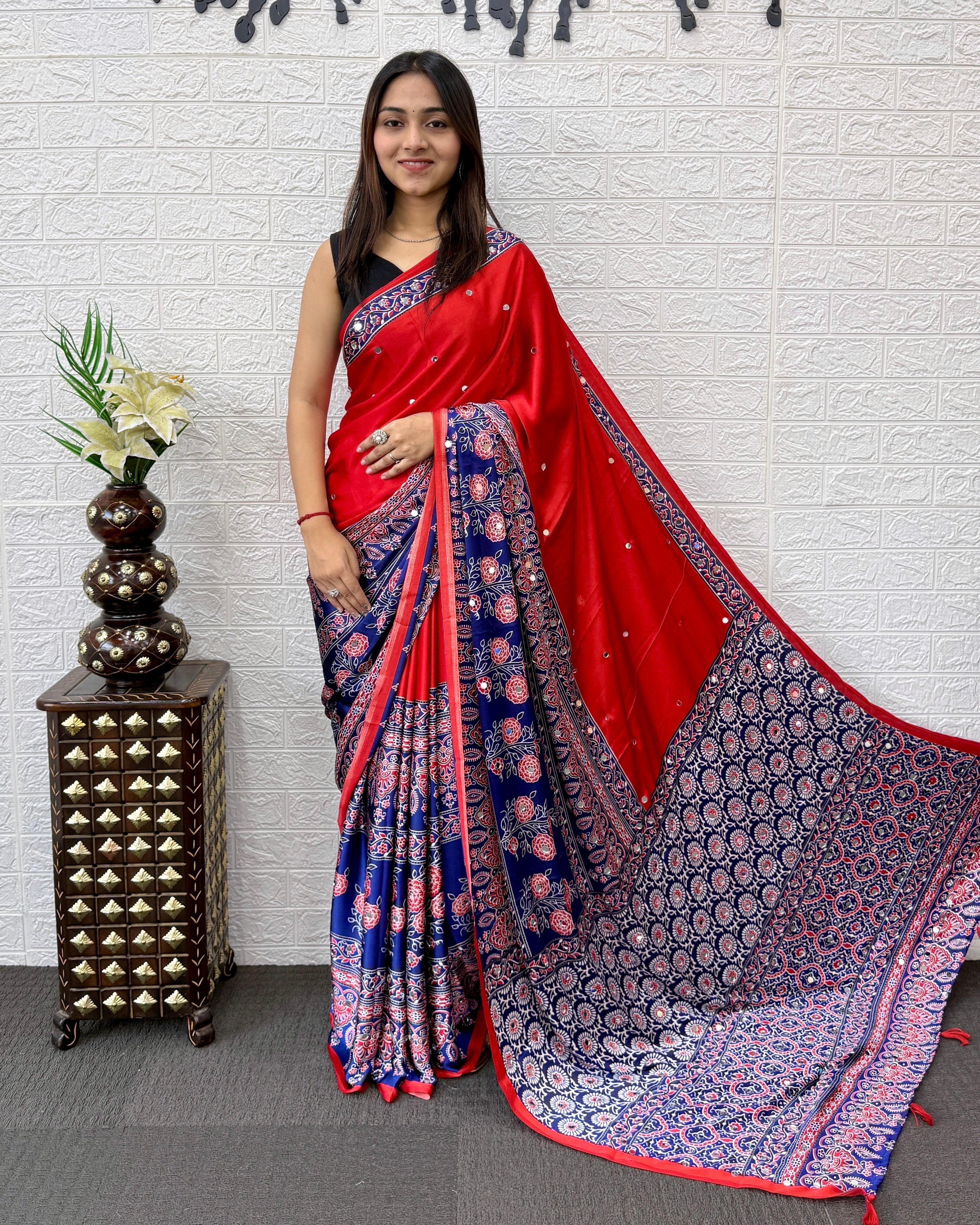 Scarlet Red Modal Silk Saree with Navy Blue Ajrakh Printed Designer Pallu & Tassel Detailing | Festive & Traditional Ethnic Wear Saree