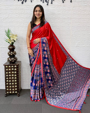 Scarlet Red Modal Silk Saree with Navy Blue Ajrakh Printed Designer Pallu & Tassel Detailing | Festive & Traditional Ethnic Wear Saree