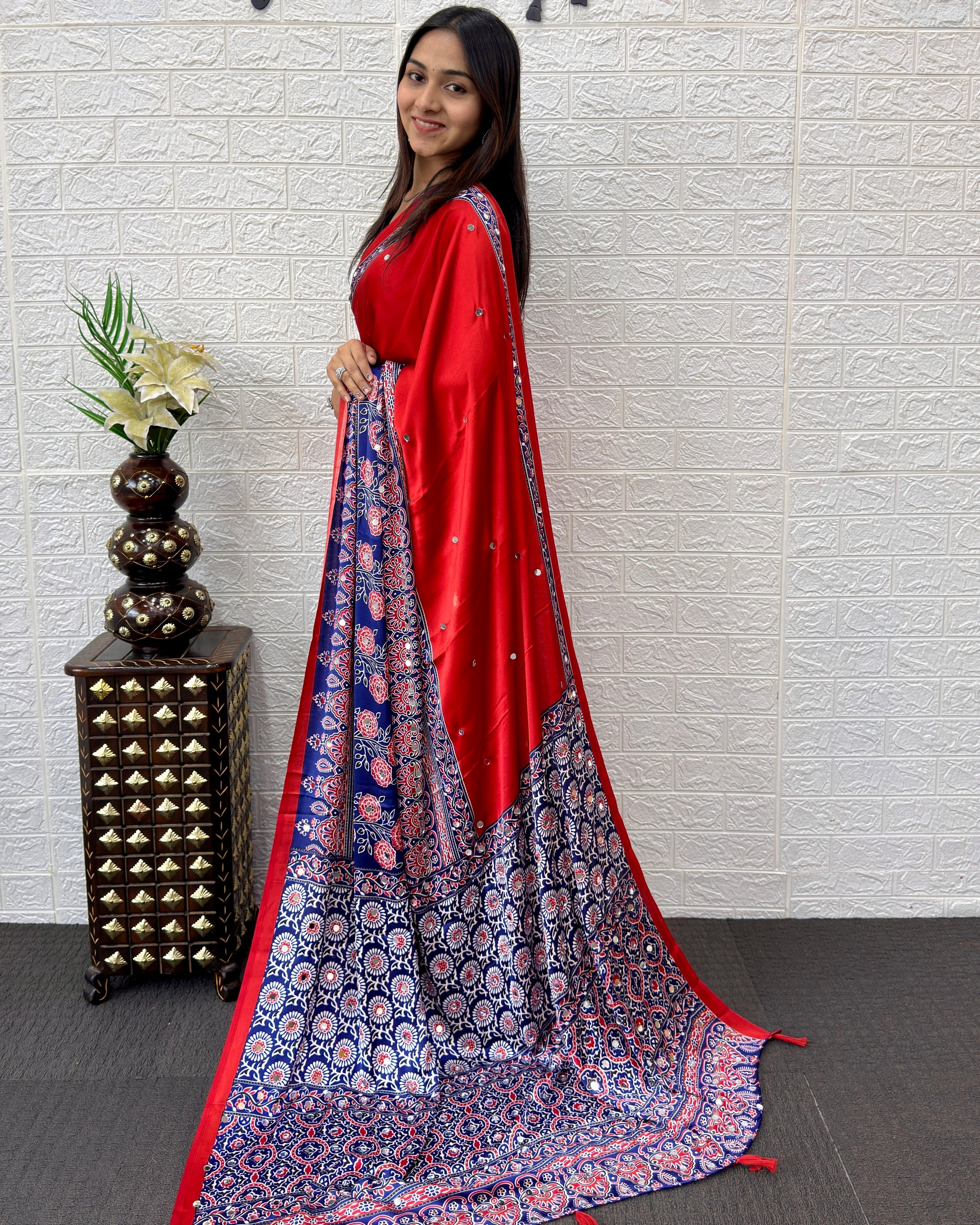 Scarlet Red Modal Silk Saree with Navy Blue Ajrakh Printed Designer Pallu & Tassel Detailing | Festive & Traditional Ethnic Wear Saree