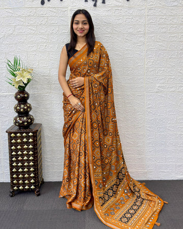 Mustard Orange Modal Silk Saree with Traditional Ajrakh Print & Designer Pallu | Ethnic, Festive & Cultural Wear Saree