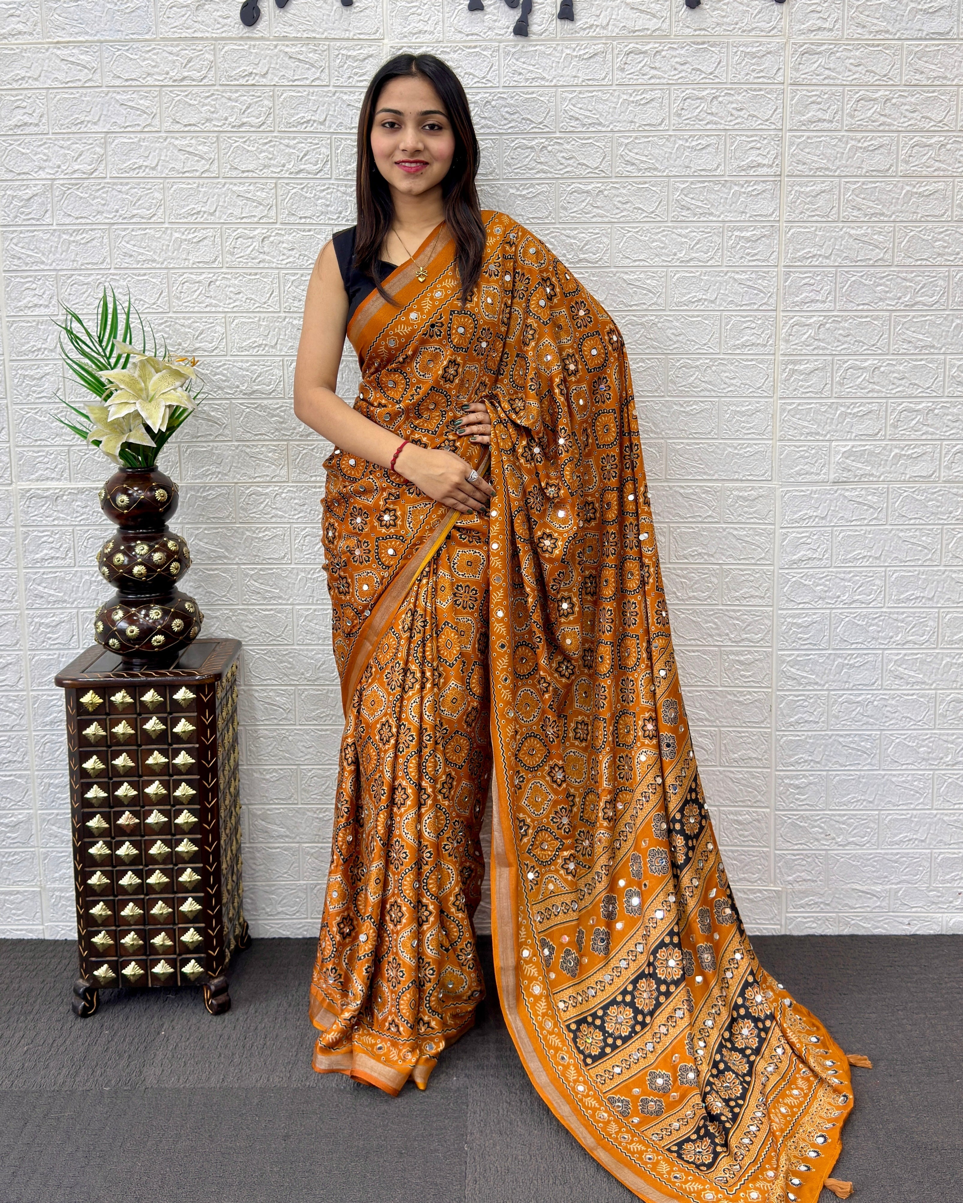 Mustard Orange Modal Silk Saree with Traditional Ajrakh Print & Designer Pallu | Ethnic, Festive & Cultural Wear Saree