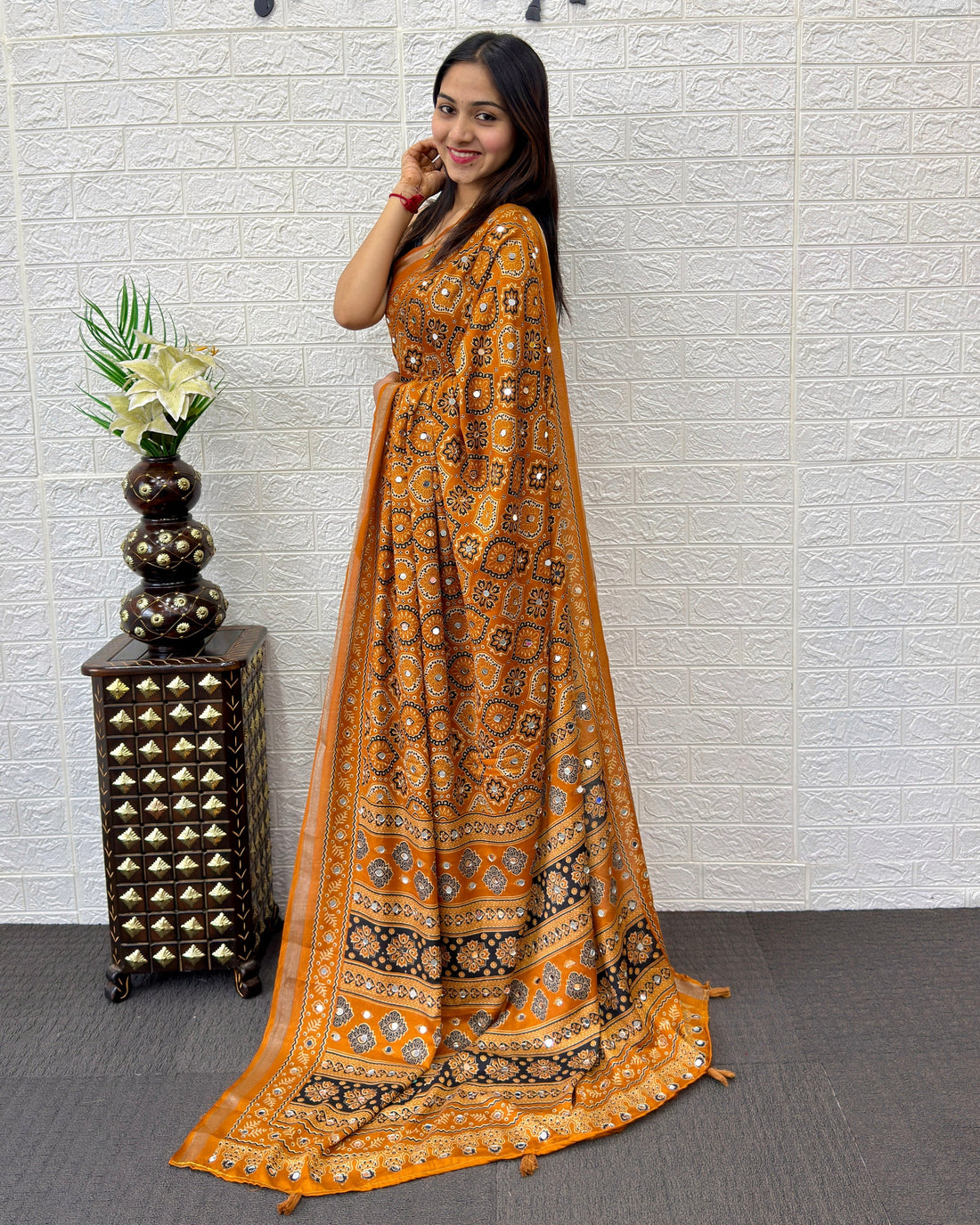 Mustard Orange Modal Silk Saree with Traditional Ajrakh Print & Designer Pallu | Ethnic, Festive & Cultural Wear Saree