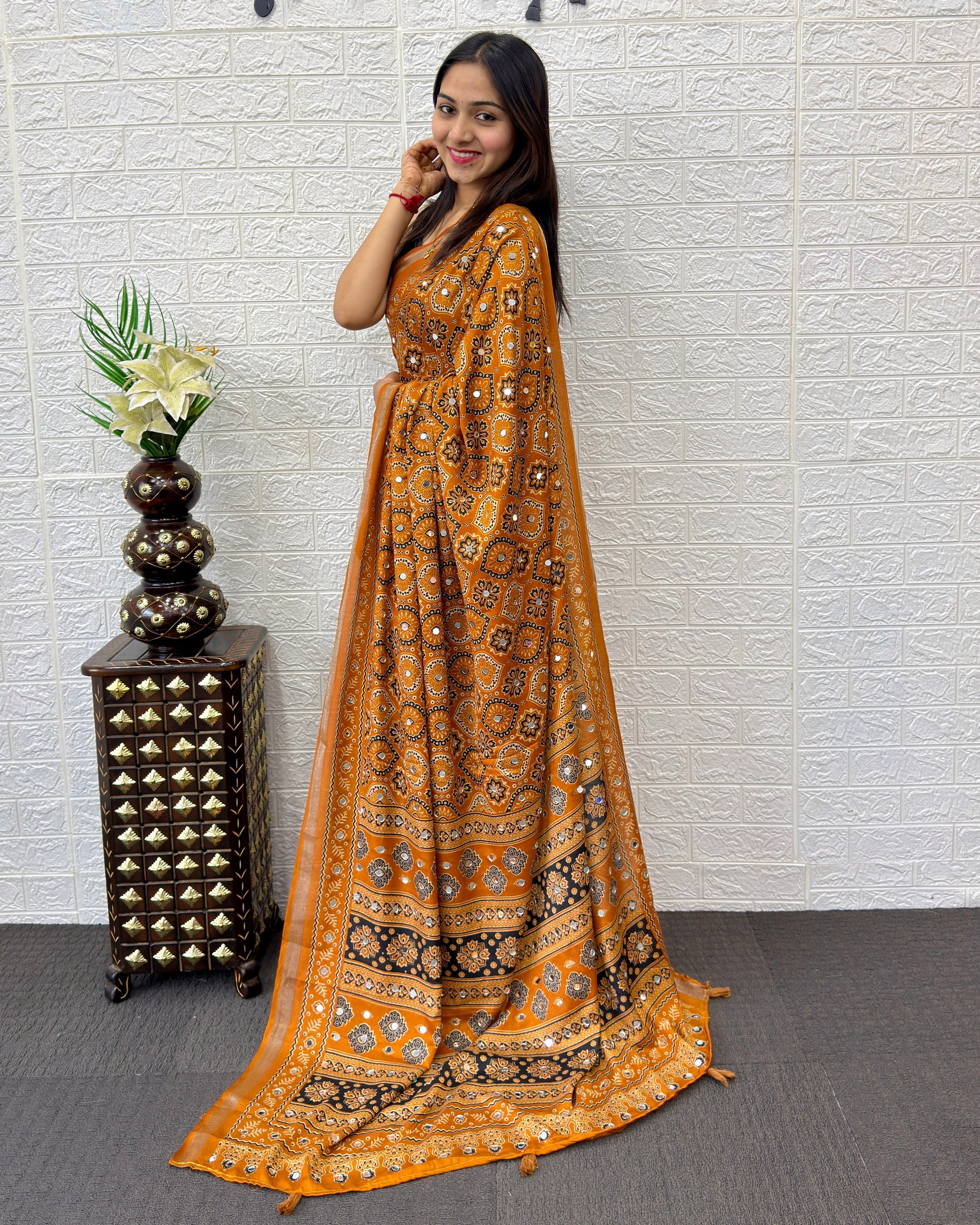 Mustard Orange Modal Silk Saree with Traditional Ajrakh Print & Designer Pallu | Ethnic, Festive & Cultural Wear Saree