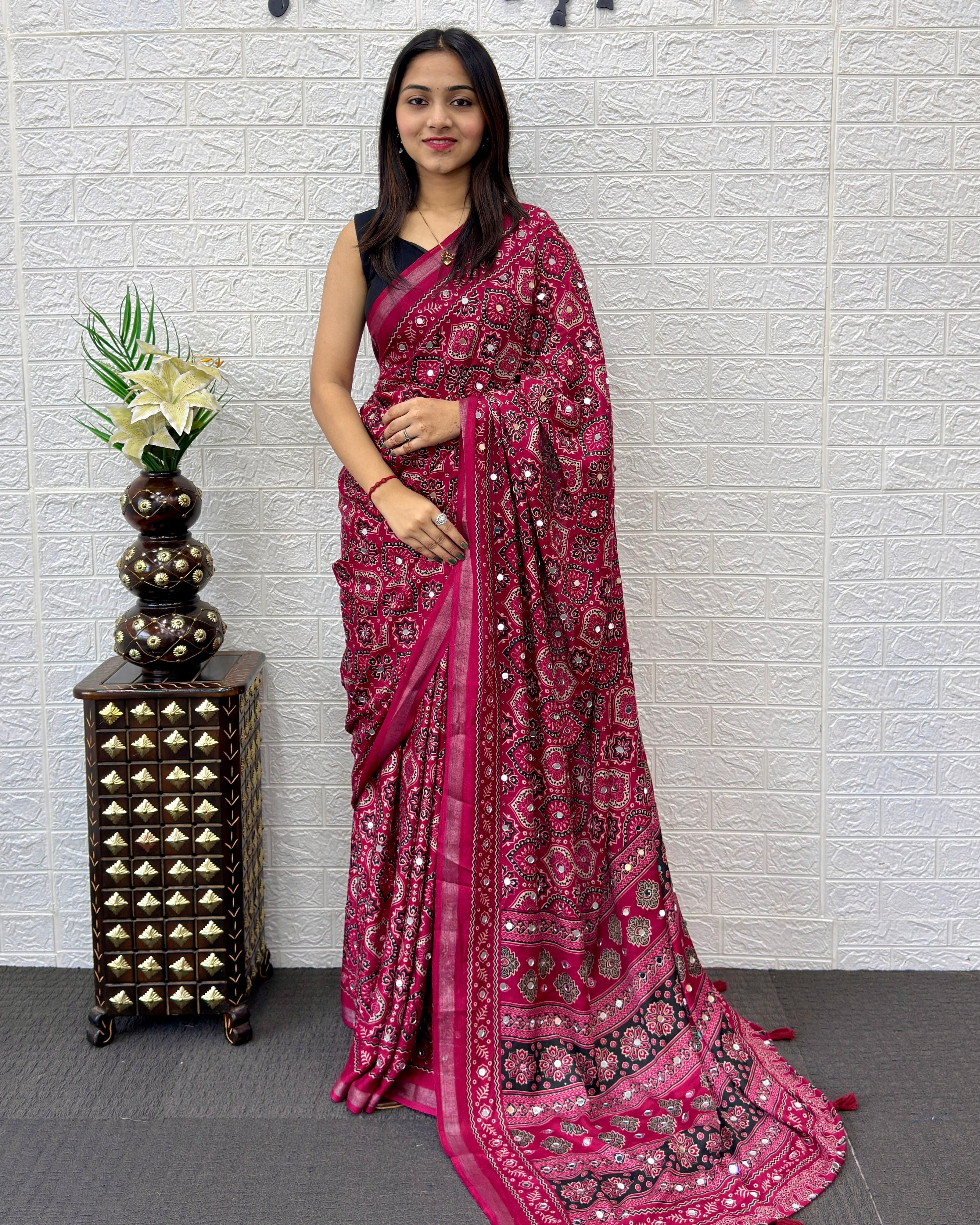 Rani Pink Modal Silk Saree with Traditional Ajrakh Print & Designer Pallu | Festive & Ethnic Wear Saree