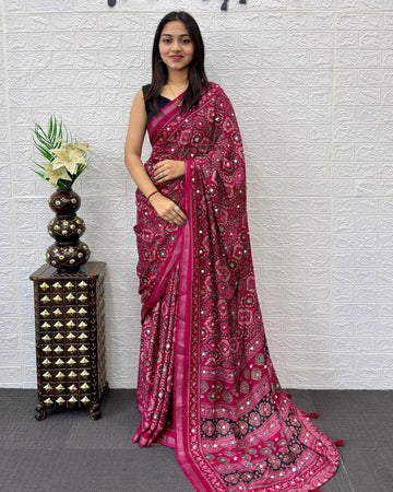 Rani Pink Modal Silk Saree with Traditional Ajrakh Print & Designer Pallu | Festive & Ethnic Wear Saree