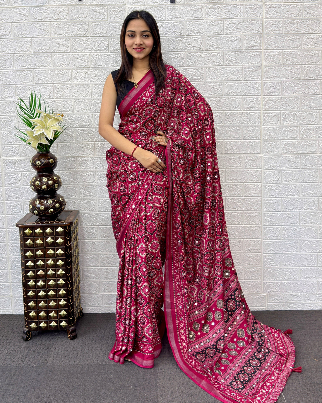 Rani Pink Modal Silk Saree with Traditional Ajrakh Print & Designer Pallu | Festive & Ethnic Wear Saree