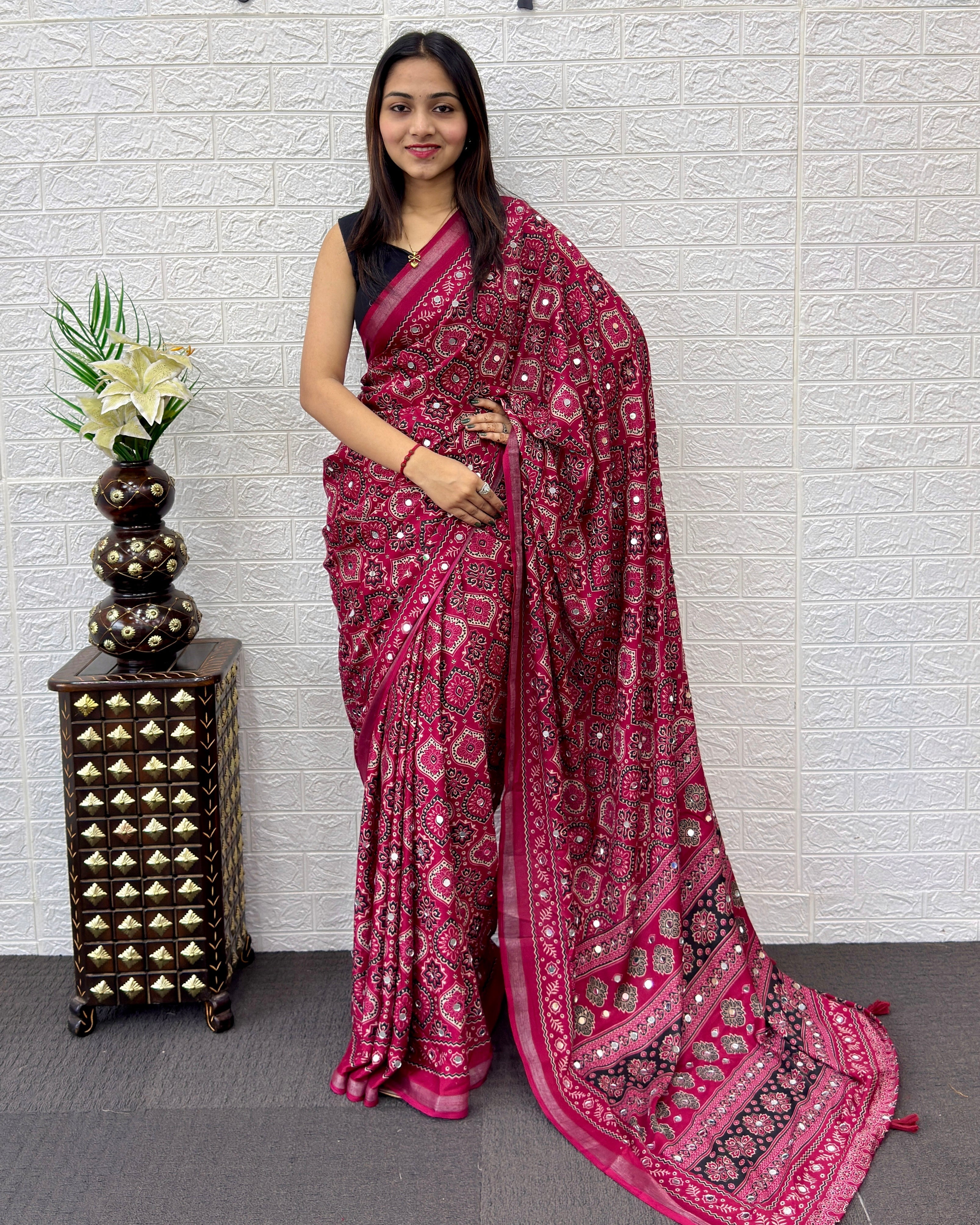 Rani Pink Modal Silk Saree with Traditional Ajrakh Print & Designer Pallu | Festive & Ethnic Wear Saree