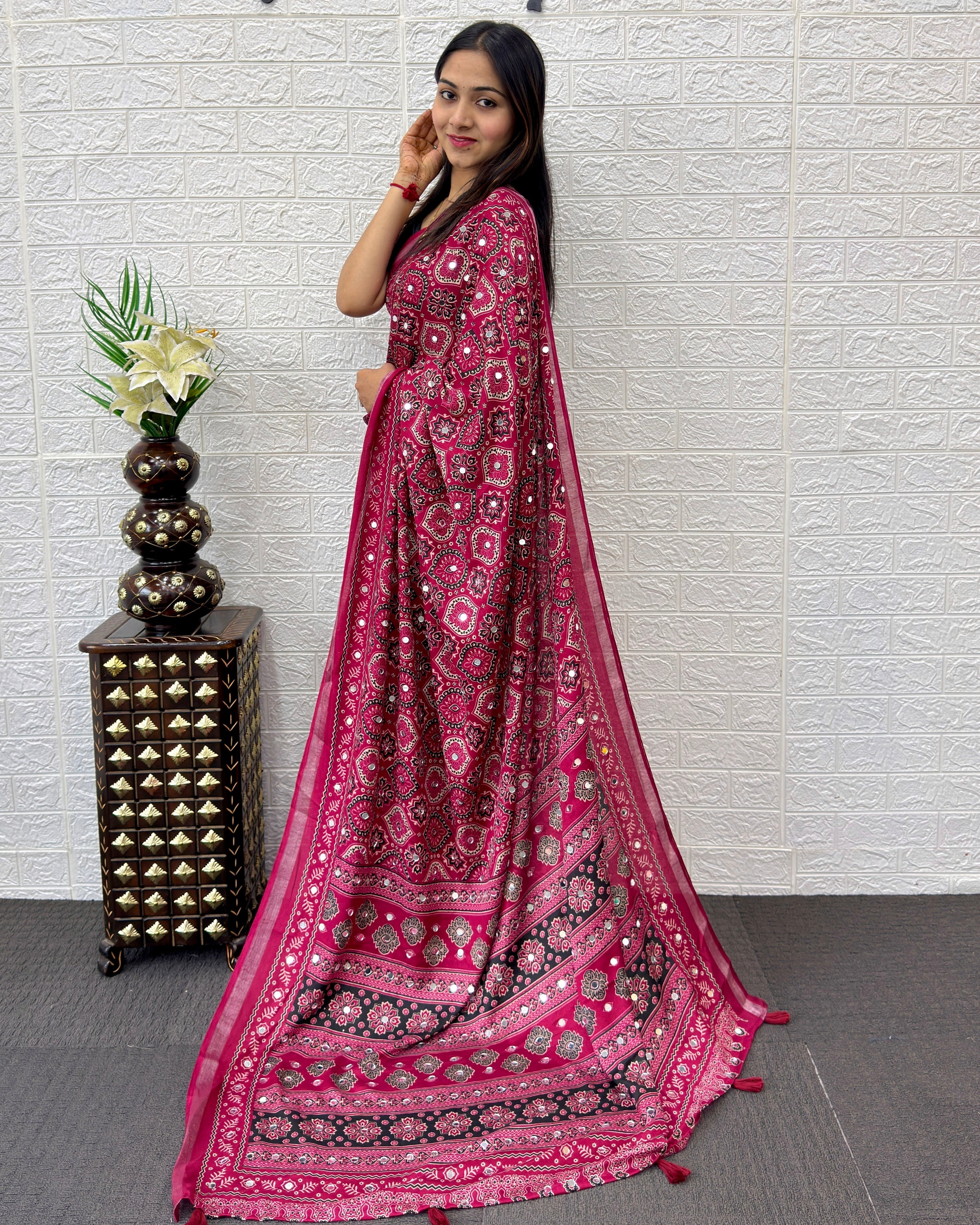 Rani Pink Modal Silk Saree with Traditional Ajrakh Print & Designer Pallu | Festive & Ethnic Wear Saree
