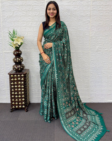 Emerald Green Modal Silk Saree with Traditional Ajrakh Print & Designer Pallu | Festive & Ethnic Wear Saree