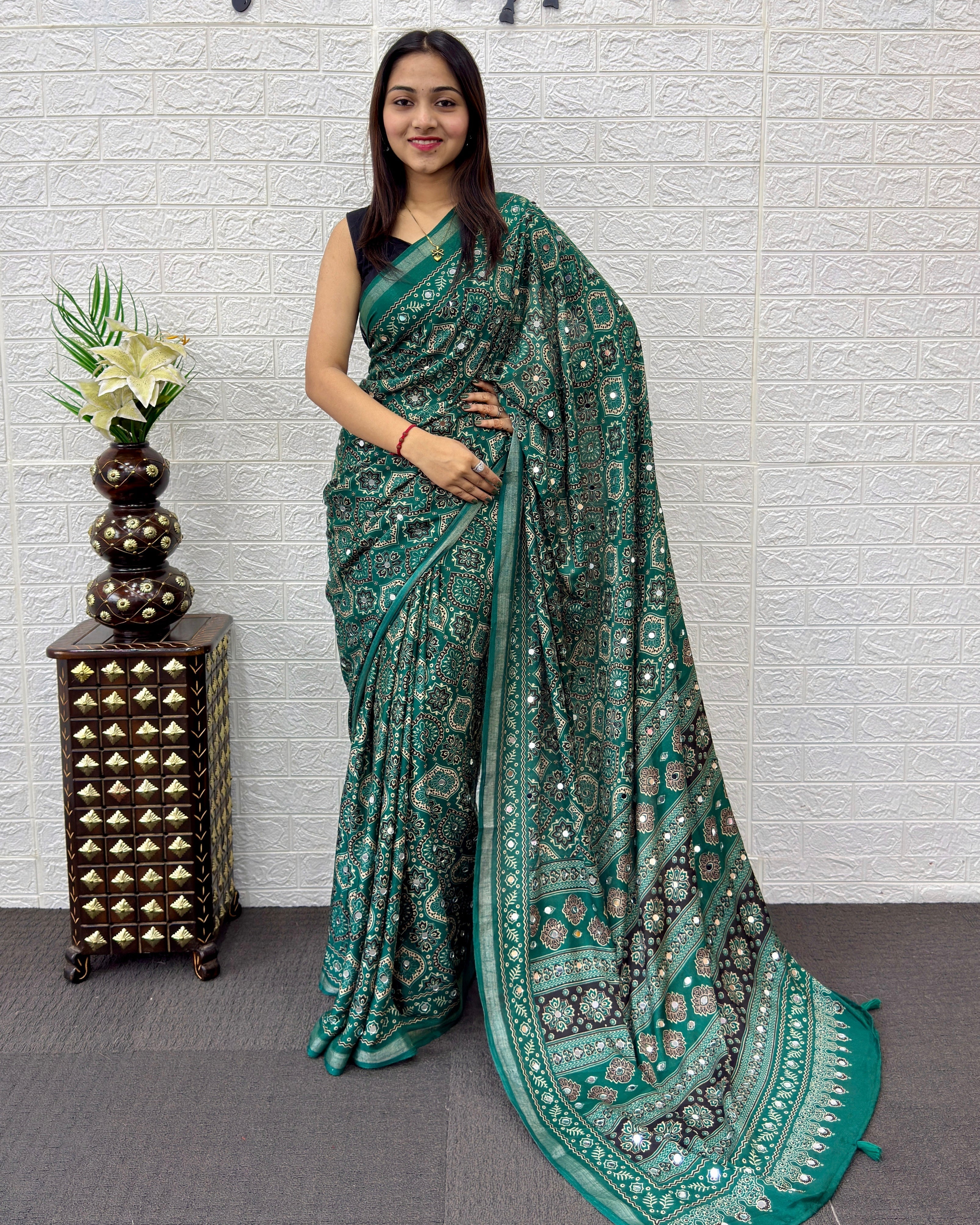 Emerald Green Modal Silk Saree with Traditional Ajrakh Print & Designer Pallu | Festive & Ethnic Wear Saree
