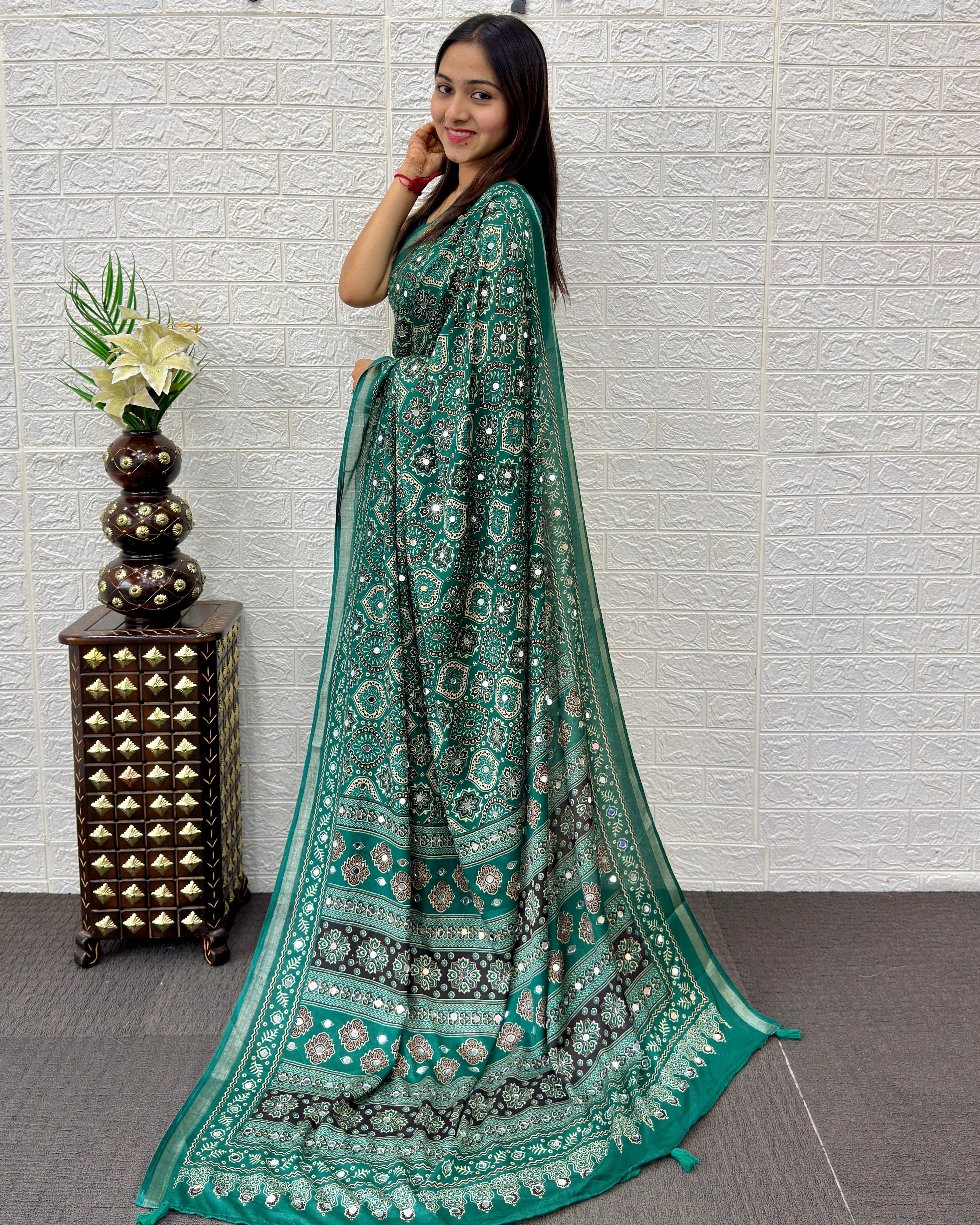 Emerald Green Modal Silk Saree with Traditional Ajrakh Print & Designer Pallu | Festive & Ethnic Wear Saree