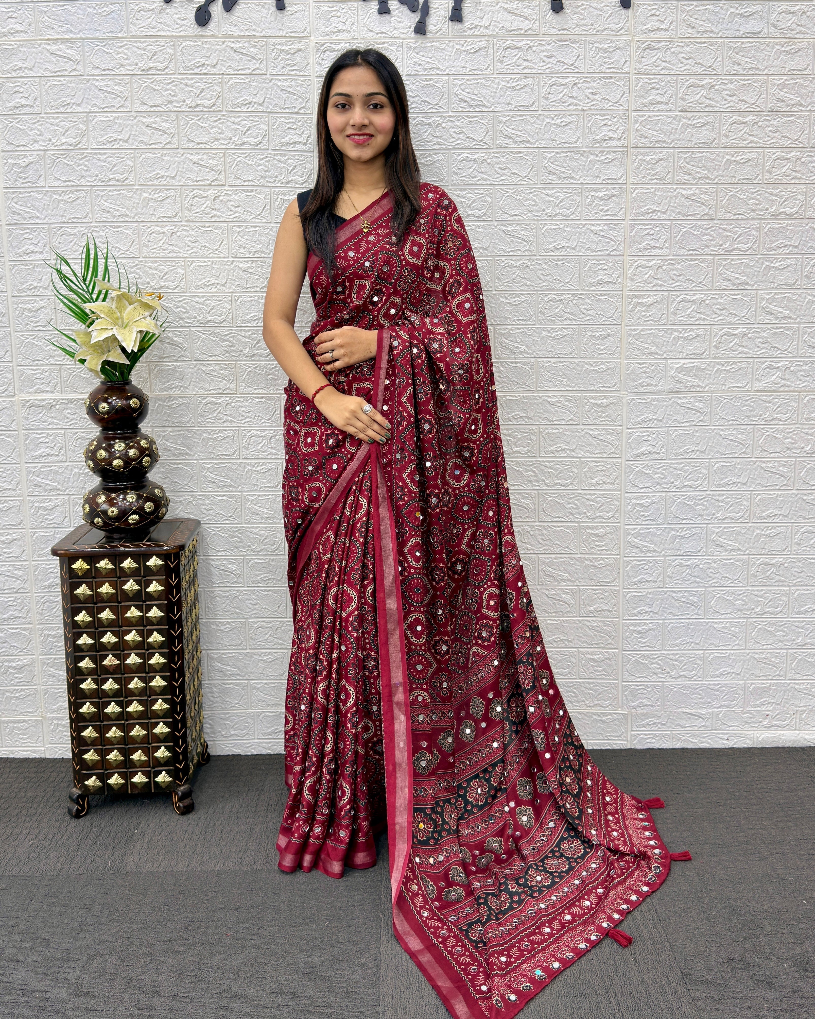 Wine Maroon Modal Silk Saree with Traditional Ajrakh Print & Designer Pallu | Festive Ethnic Wear Saree