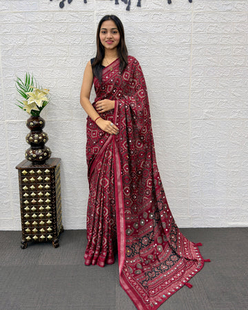 Wine Maroon Modal Silk Saree with Traditional Ajrakh Print & Designer Pallu | Festive Ethnic Wear Saree