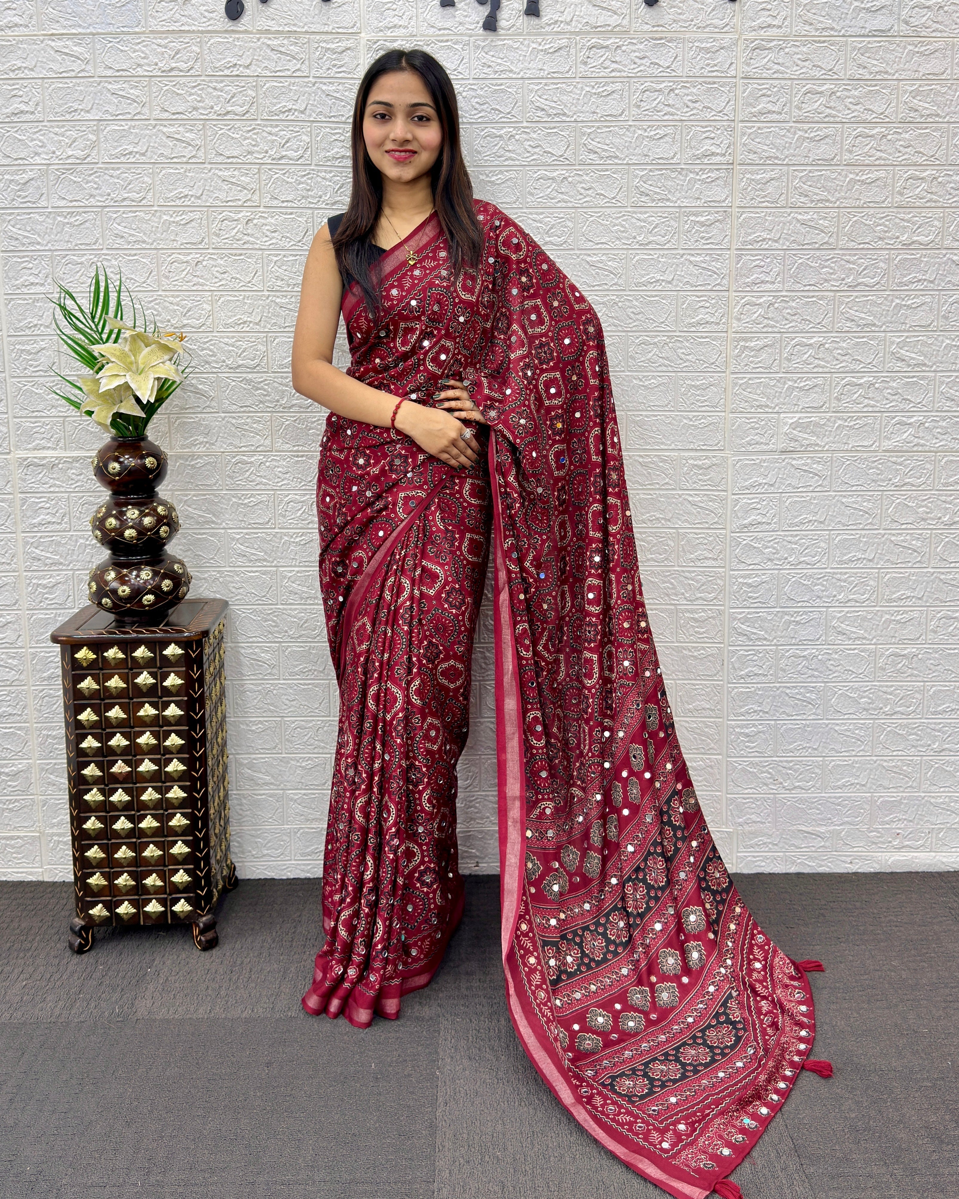 Wine Maroon Modal Silk Saree with Traditional Ajrakh Print & Designer Pallu | Festive Ethnic Wear Saree