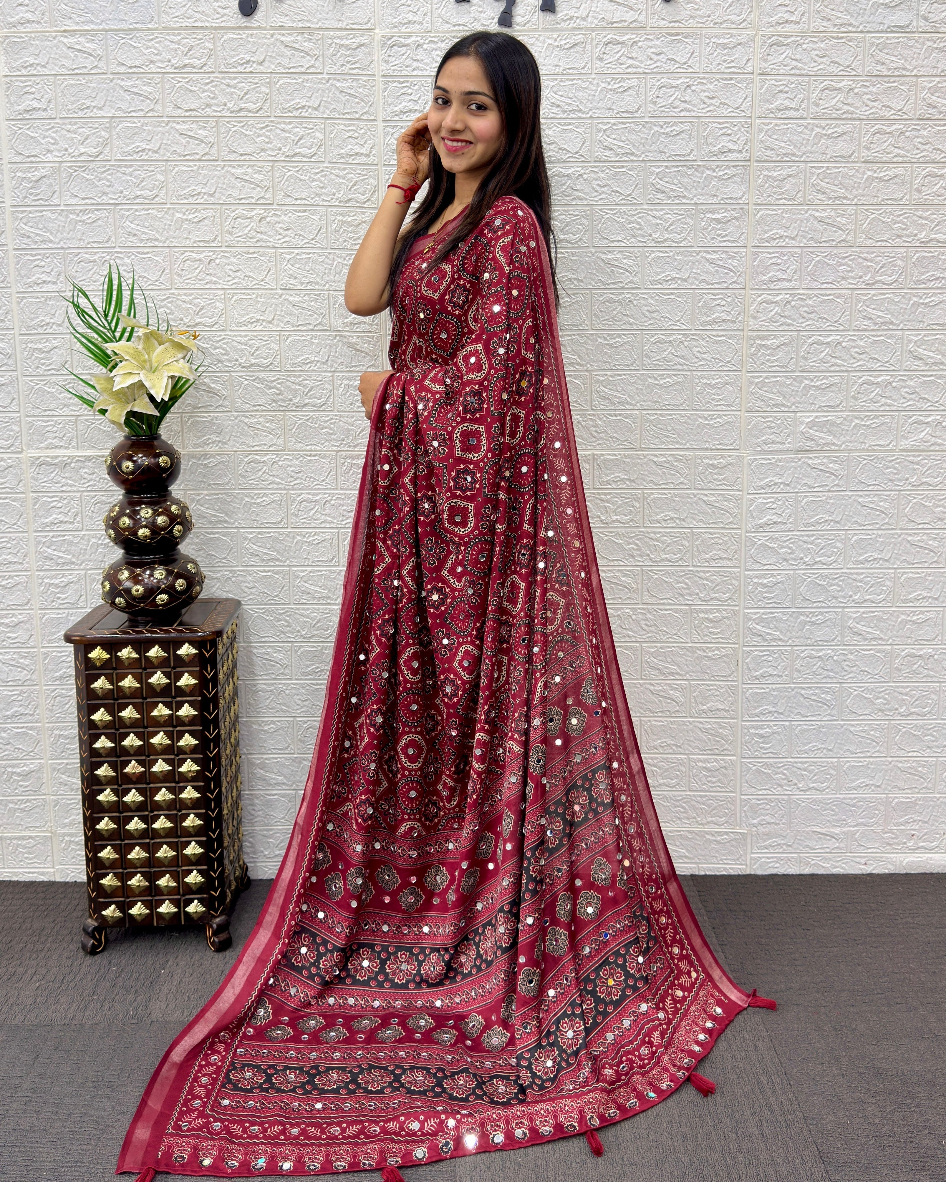 Wine Maroon Modal Silk Saree with Traditional Ajrakh Print & Designer Pallu | Festive Ethnic Wear Saree