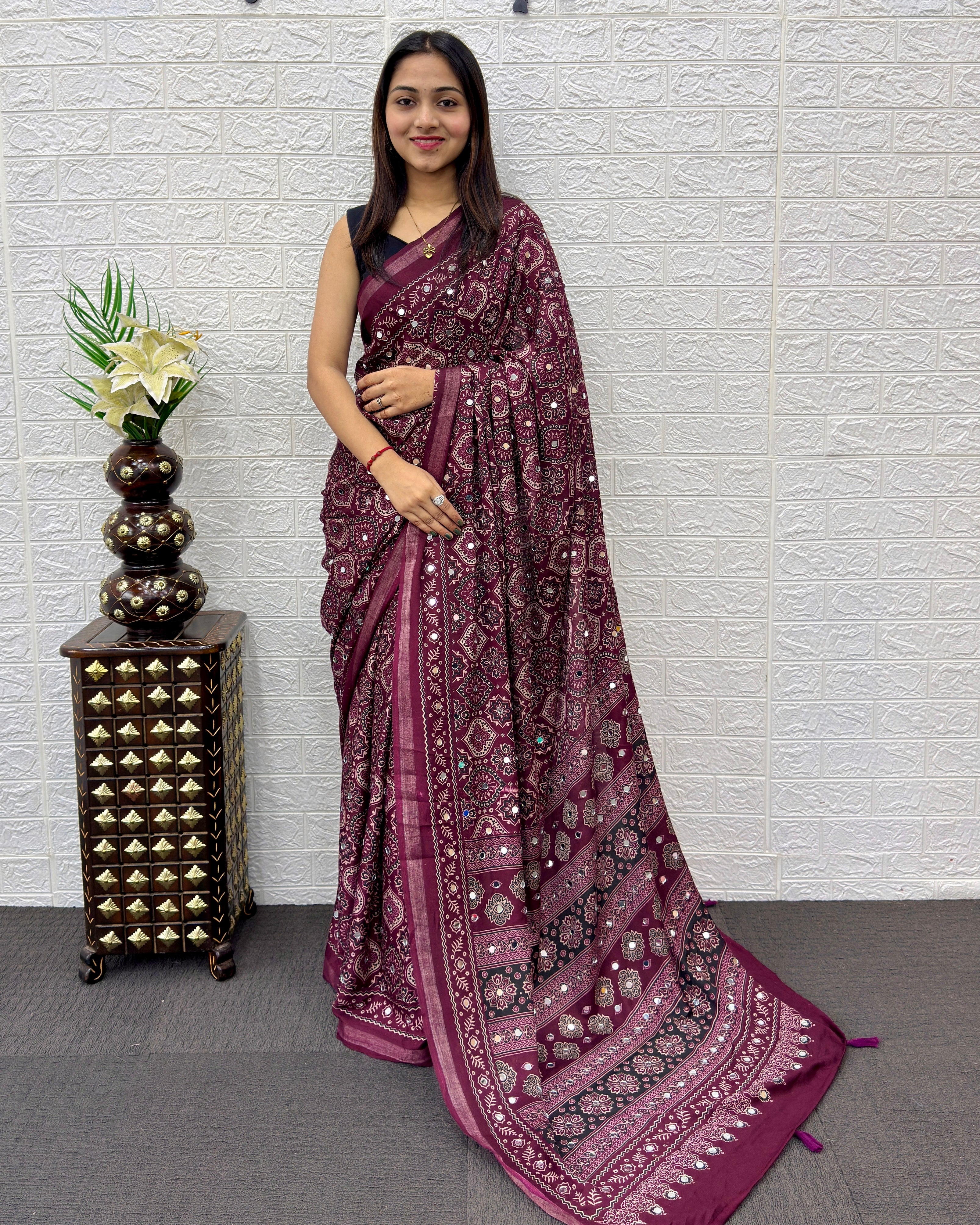 Plum Purple Modal Silk Saree with Traditional Ajrakh Print & Mirror Work | Ethnic Festive Wear Saree