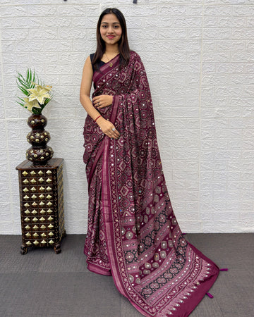 Plum Purple Modal Silk Saree with Traditional Ajrakh Print & Mirror Work | Ethnic Festive Wear Saree