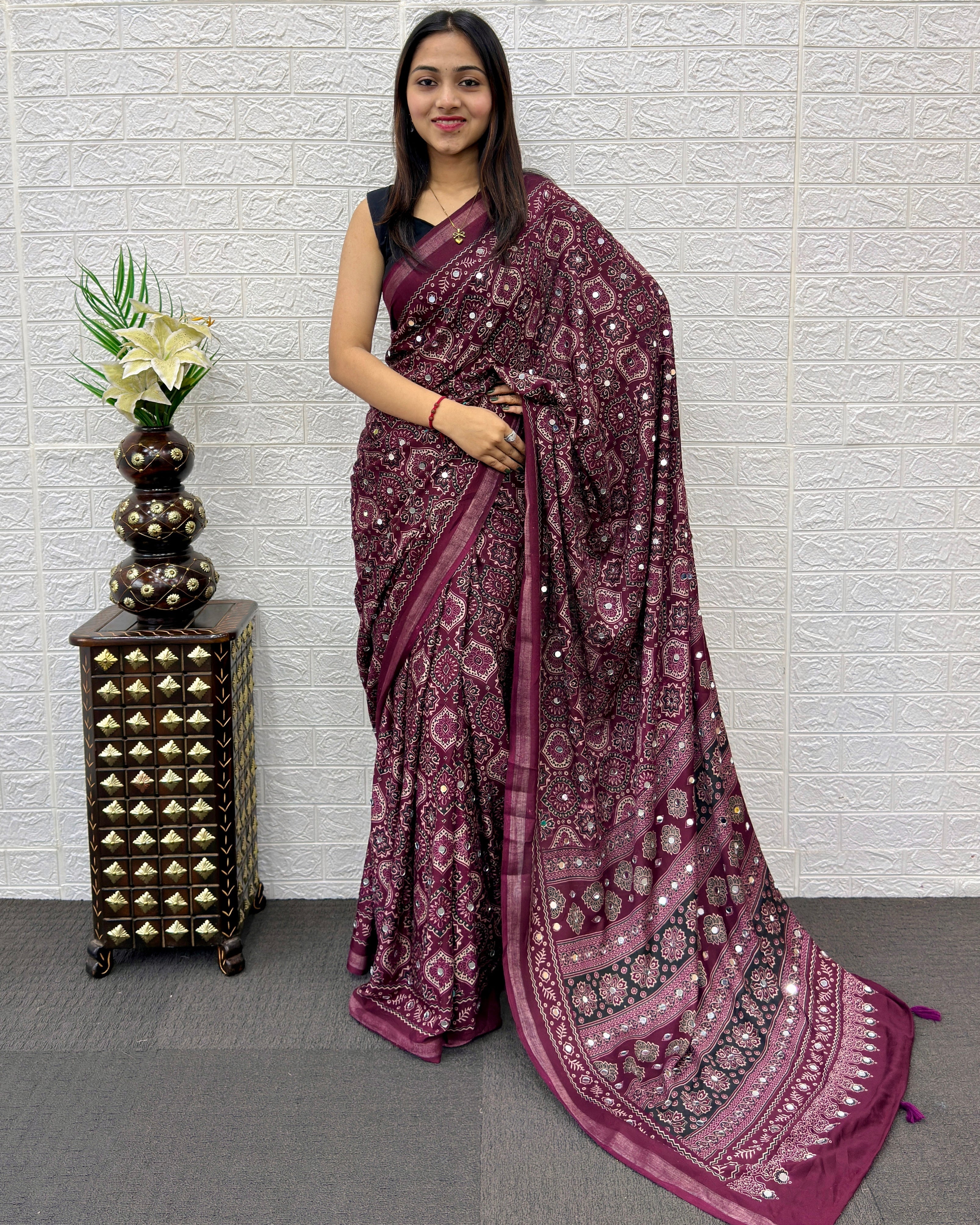 Plum Purple Modal Silk Saree with Traditional Ajrakh Print & Mirror Work | Ethnic Festive Wear Saree