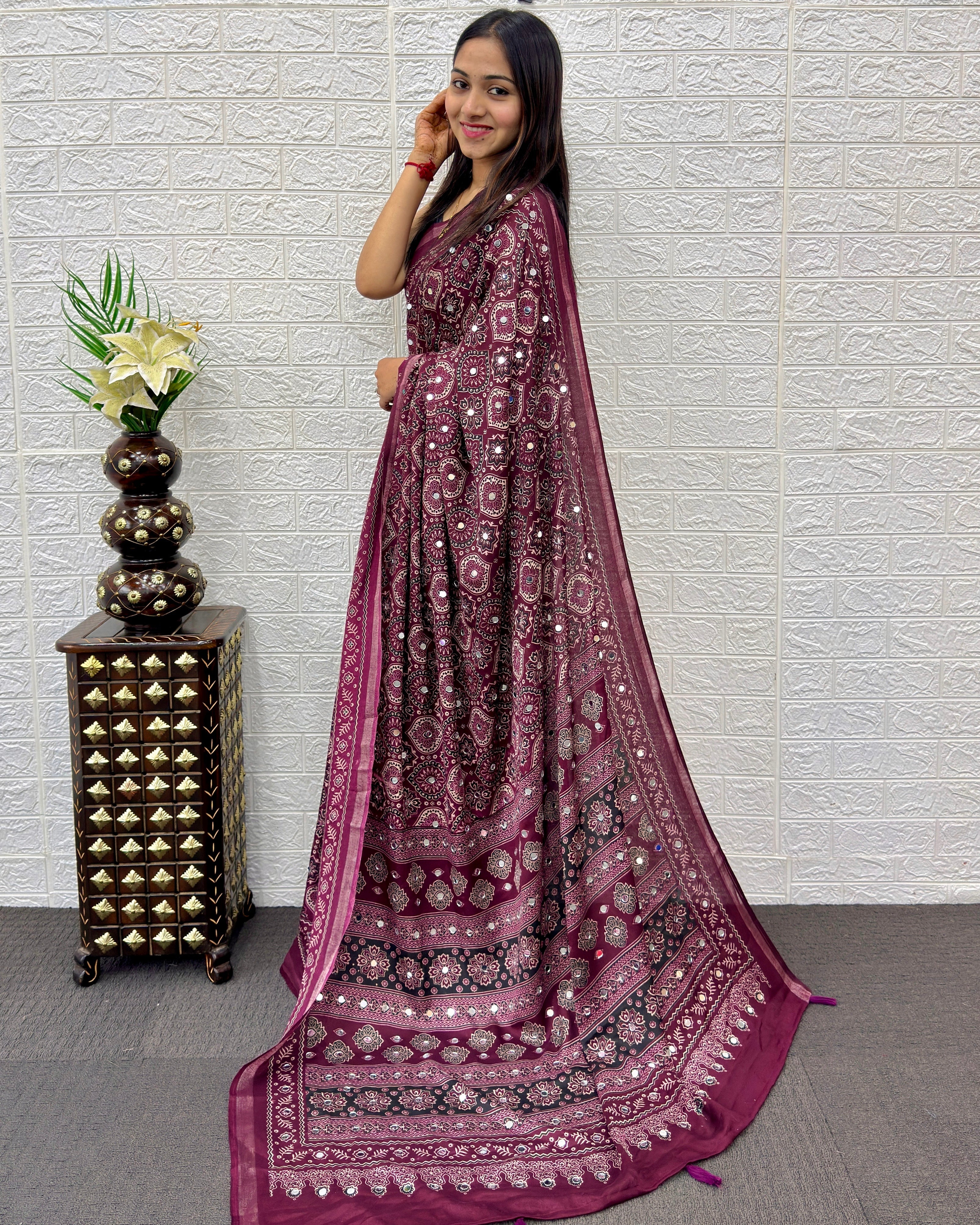 Plum Purple Modal Silk Saree with Traditional Ajrakh Print & Mirror Work | Ethnic Festive Wear Saree