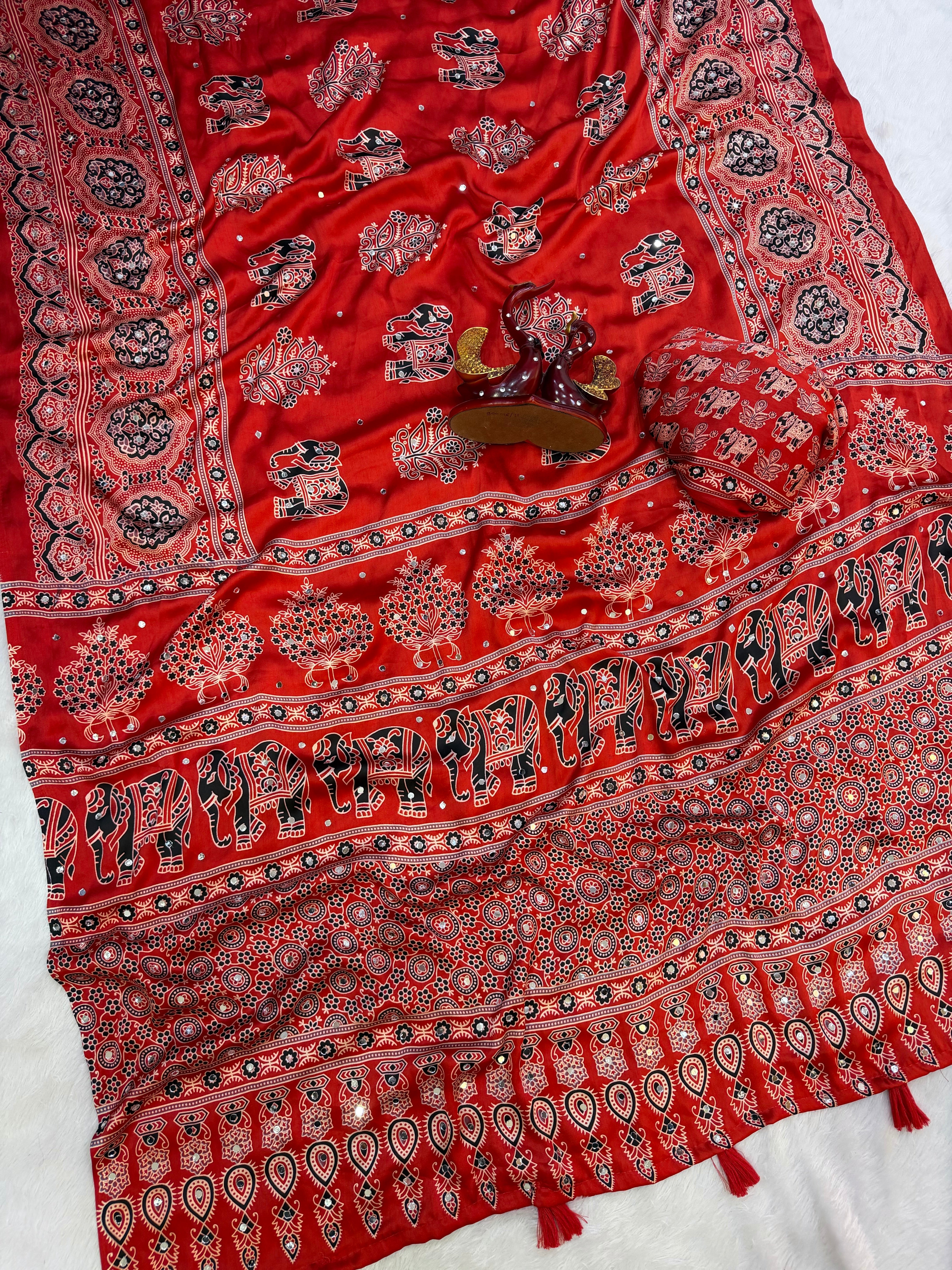 Rust Red Modal Silk Saree with Elephant Motif Ajrakh Print & Designer Pallu | Traditional Ethnic Festive Wear Saree