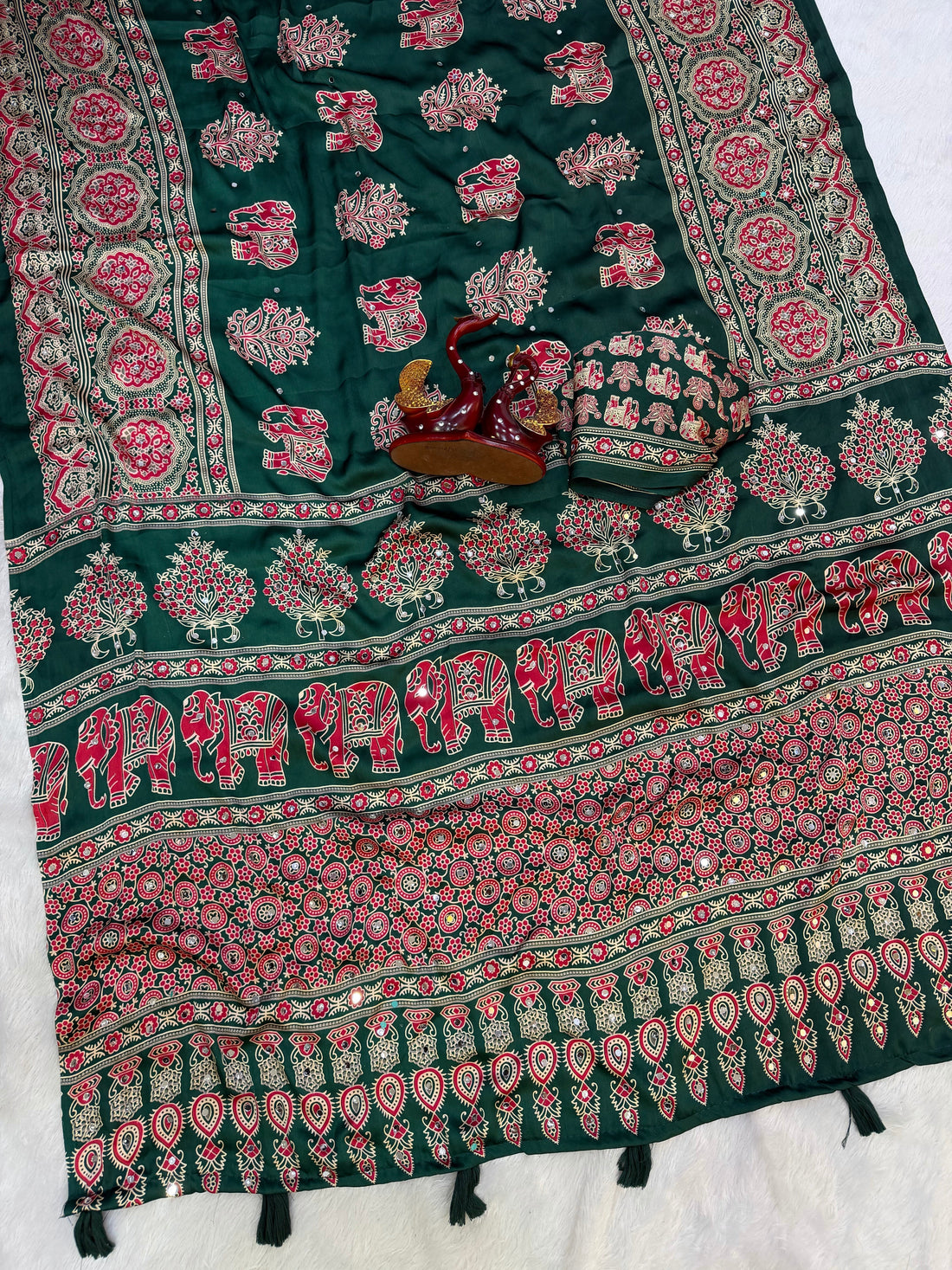 Forest Green Modal Silk Saree with Elephant Motif Ajrakh Print & Designer Heritage Pallu | Traditional Festive Wear Saree