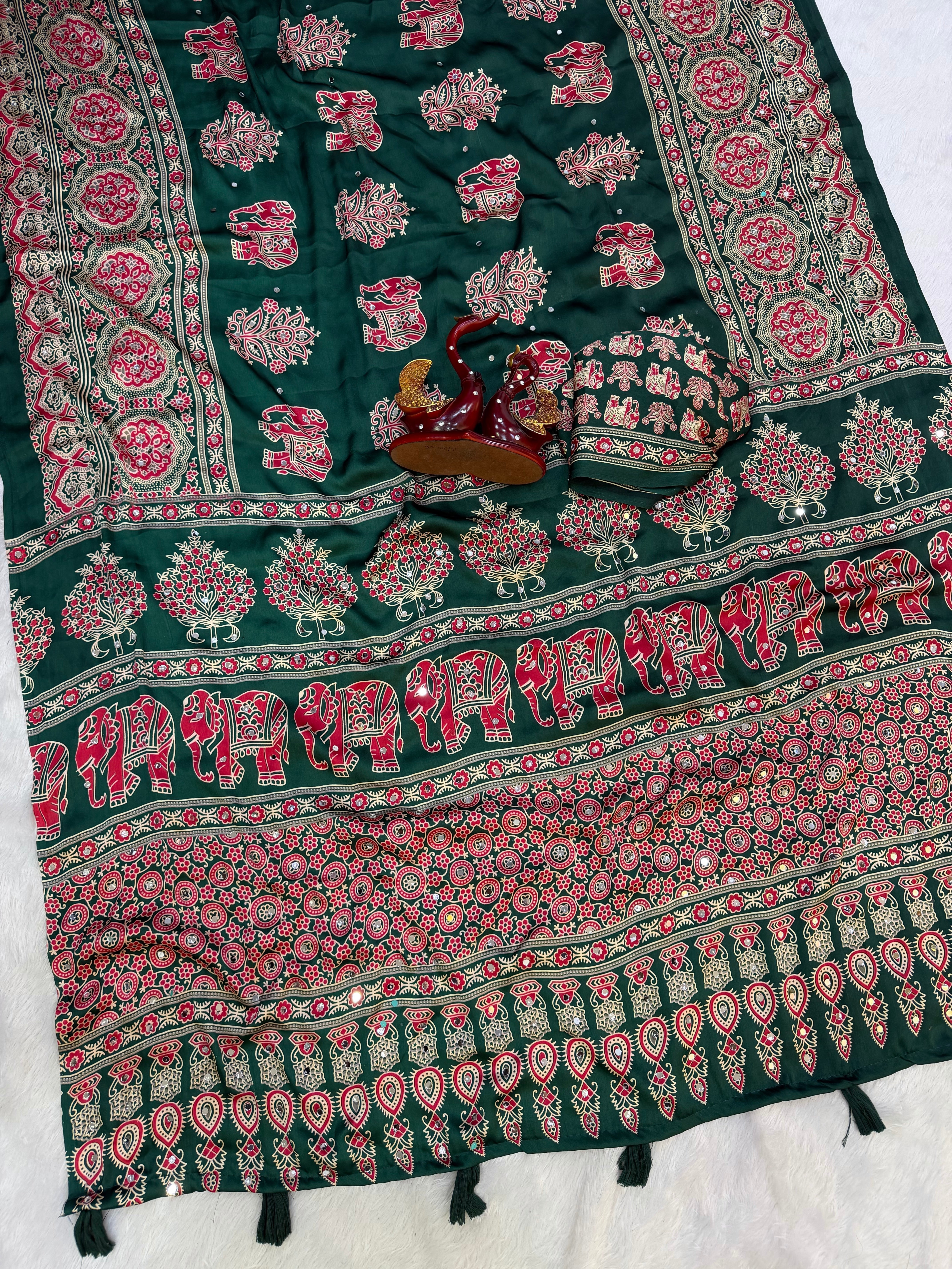 Forest Green Modal Silk Saree with Elephant Motif Ajrakh Print & Designer Heritage Pallu | Traditional Festive Wear Saree