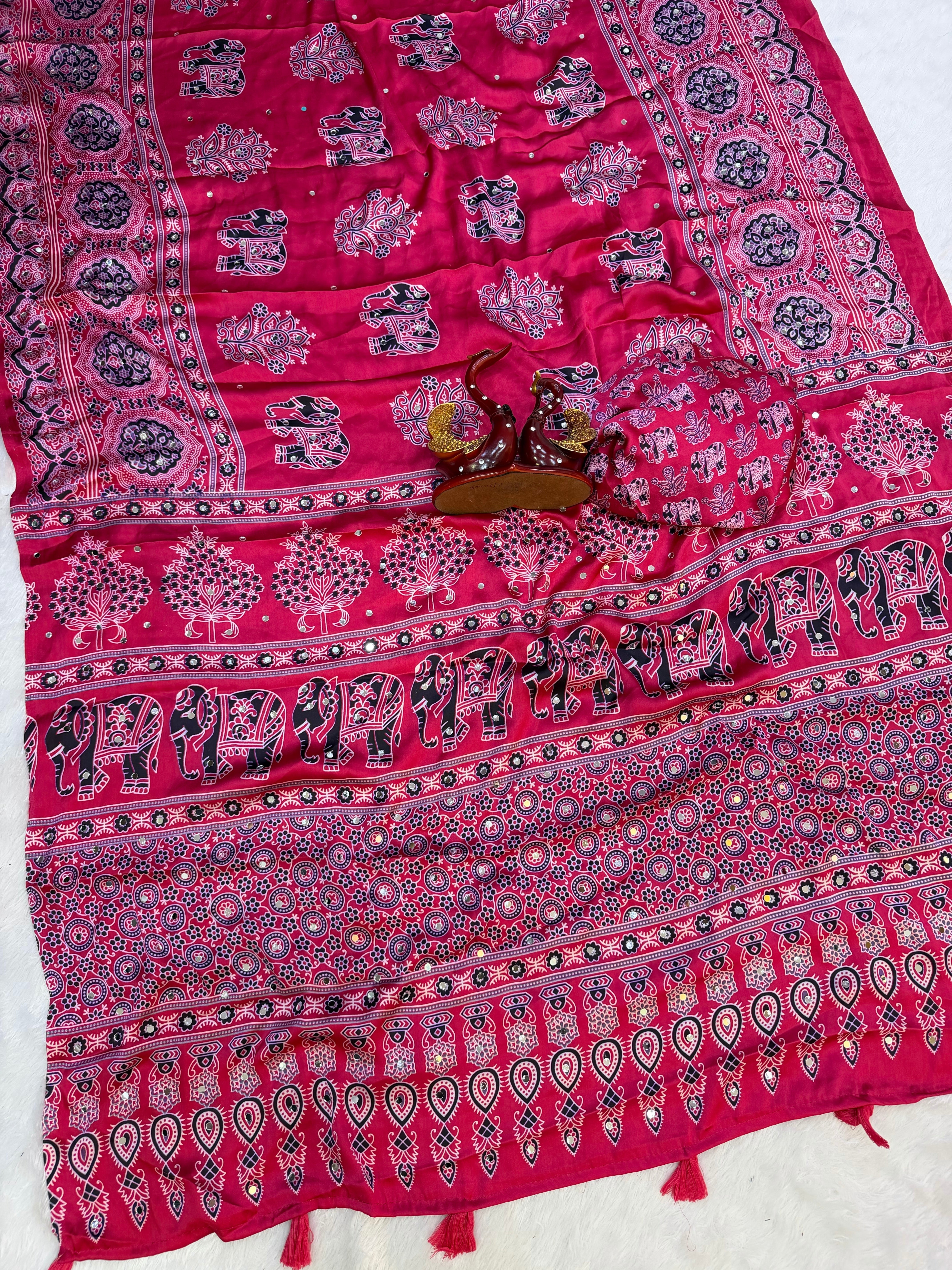 Rani Pink Modal Silk Saree with Elephant Motif Ajrakh Print & Designer Pallu | Festive Ethnic Wear Saree