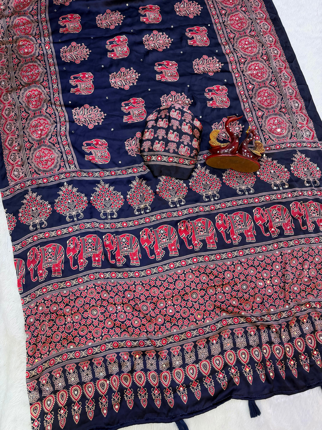 Navy Blue Modal Silk Saree with Elephant Motif Ajrakh Print & Heritage Designer Pallu | Traditional Festive Wear Saree
