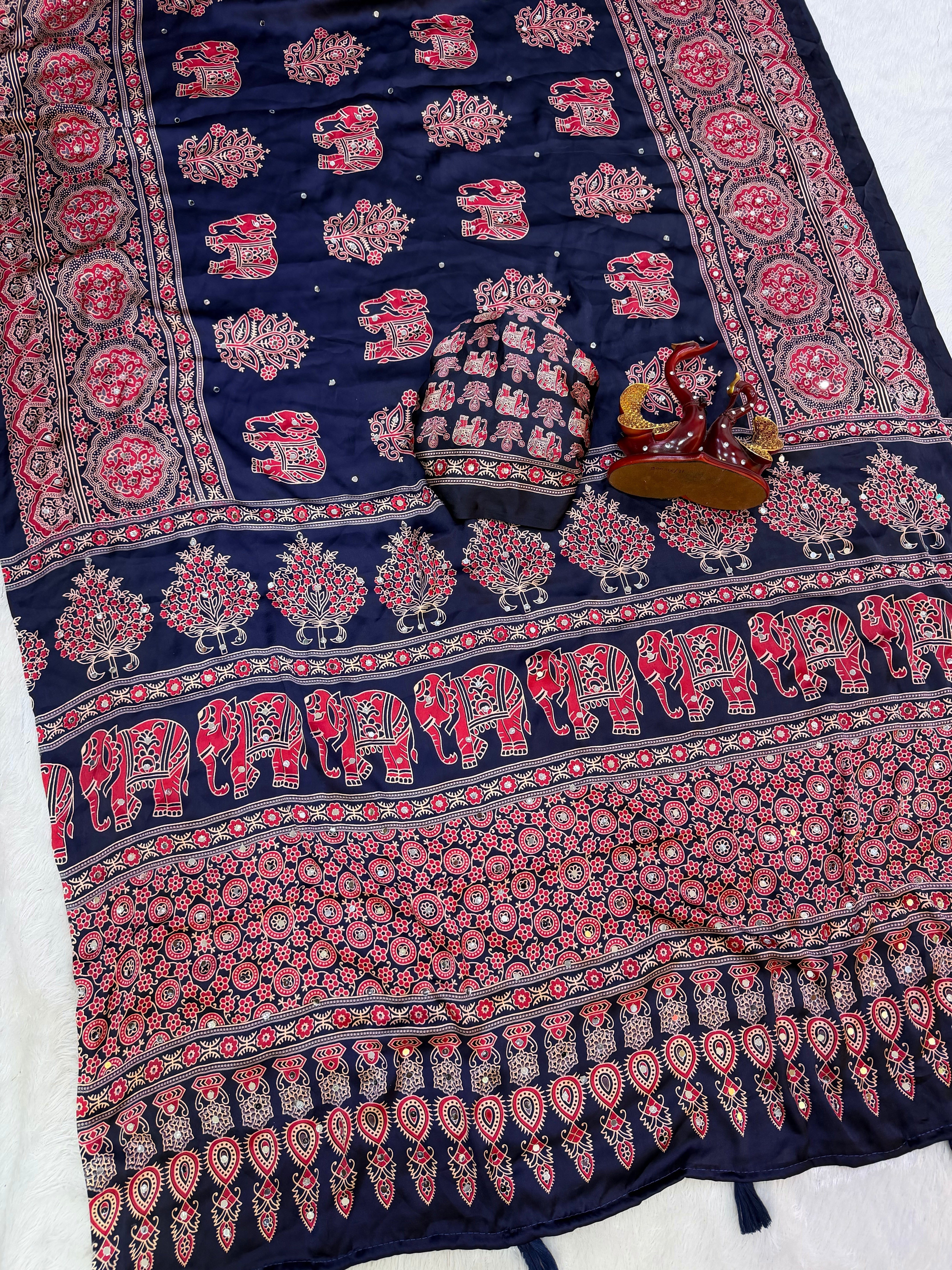Navy Blue Modal Silk Saree with Elephant Motif Ajrakh Print & Heritage Designer Pallu | Traditional Festive Wear Saree