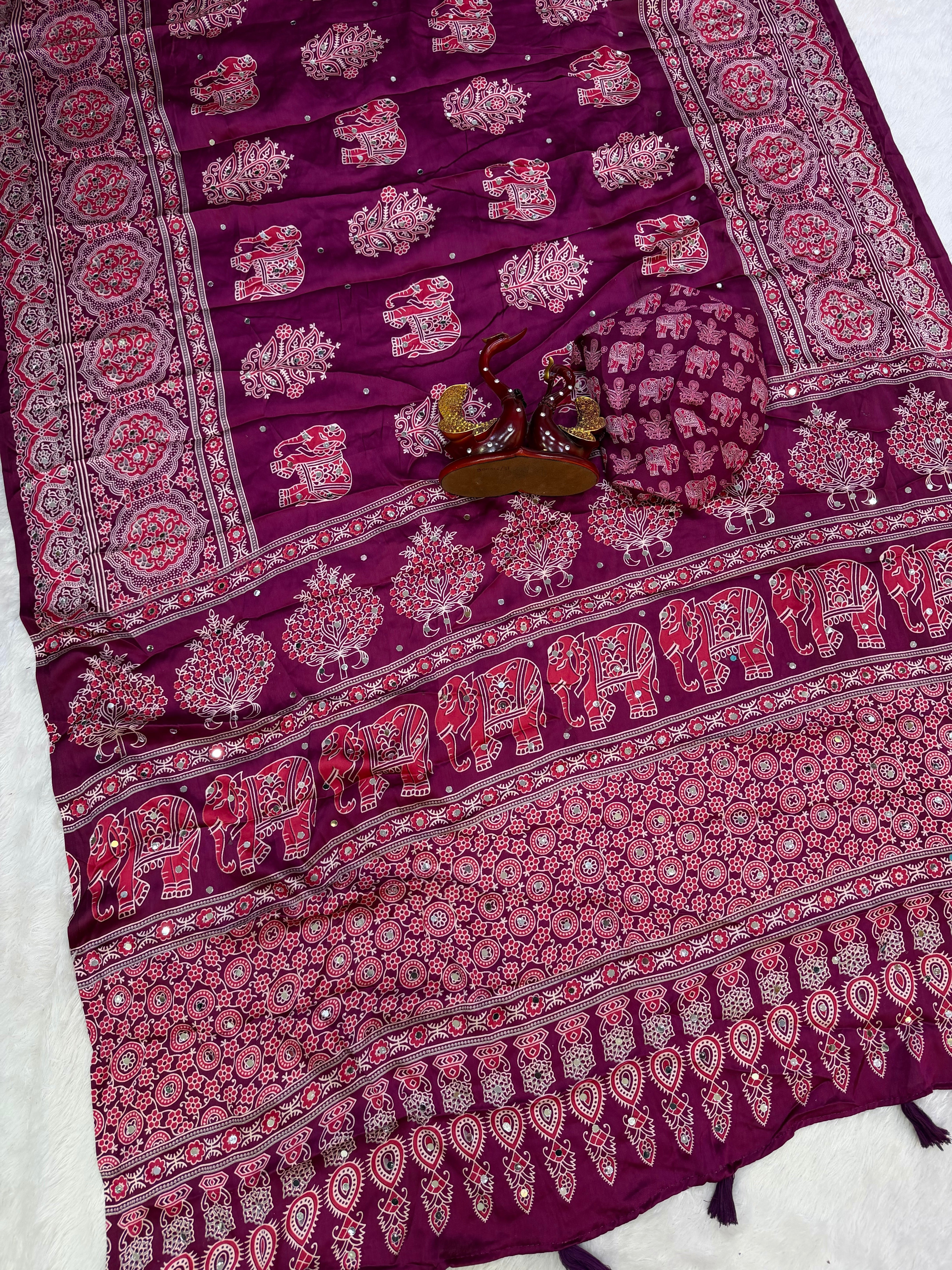 Plum Purple Modal Silk Saree with Elephant Motif Print & Heritage Designer Pallu | Traditional Festive Wear Saree